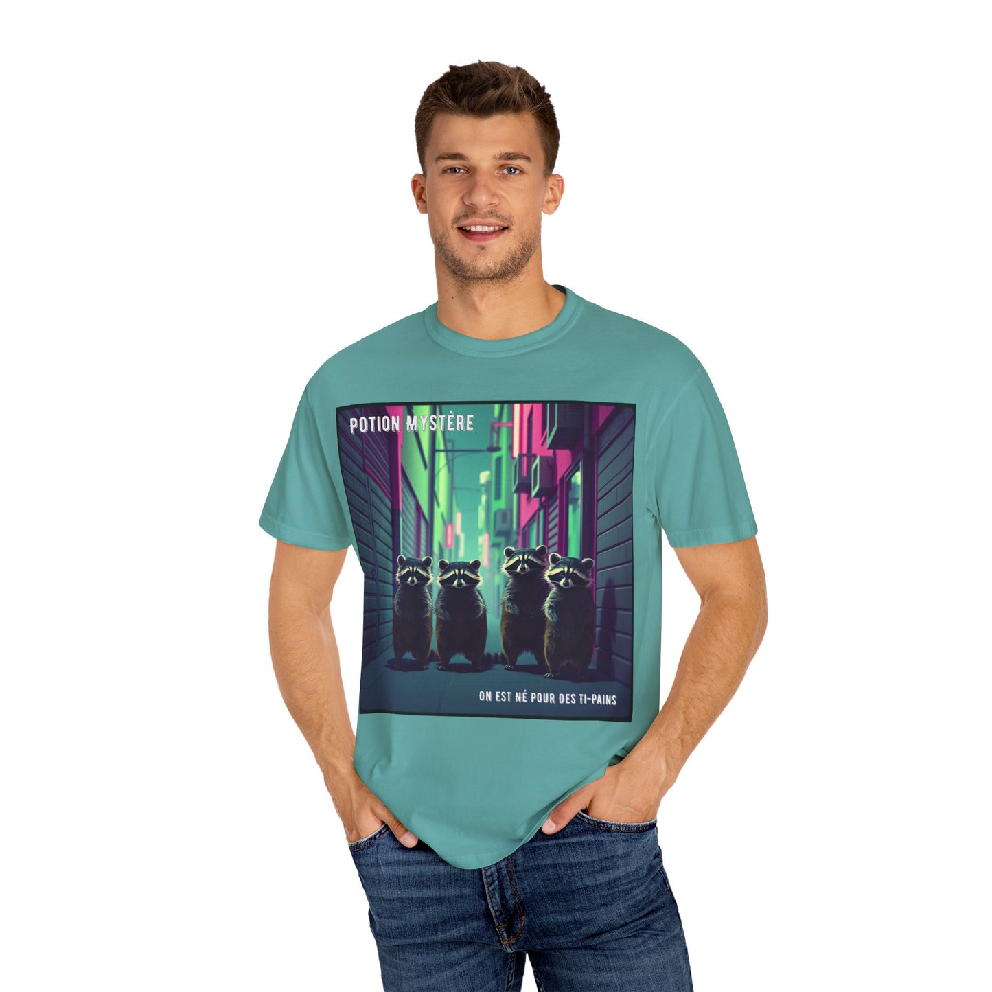 'On Est Né Pour Des Ti Pains' par Potion Mystère, Racoons Graphic Tee for Nature Lovers, Unisex Shirt for Pop Punk Song, Gift for Gamers, Casual Wear, Eco-Friendly Apparel