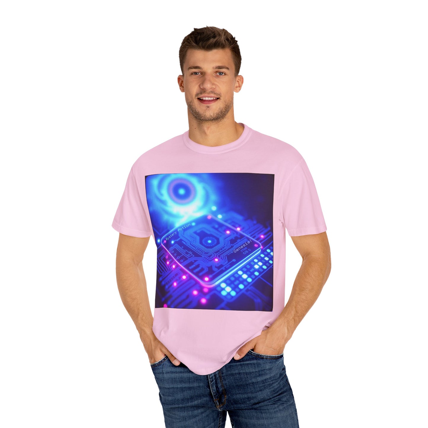 Genesis by Mystery Potion, Tech-Inspired Unisex Garment-Dyed T-Shirt, Unique Gift for Tech Lovers, Festival Wear, Casual Style, Gamer Apparel, Cyberpunk Vibe