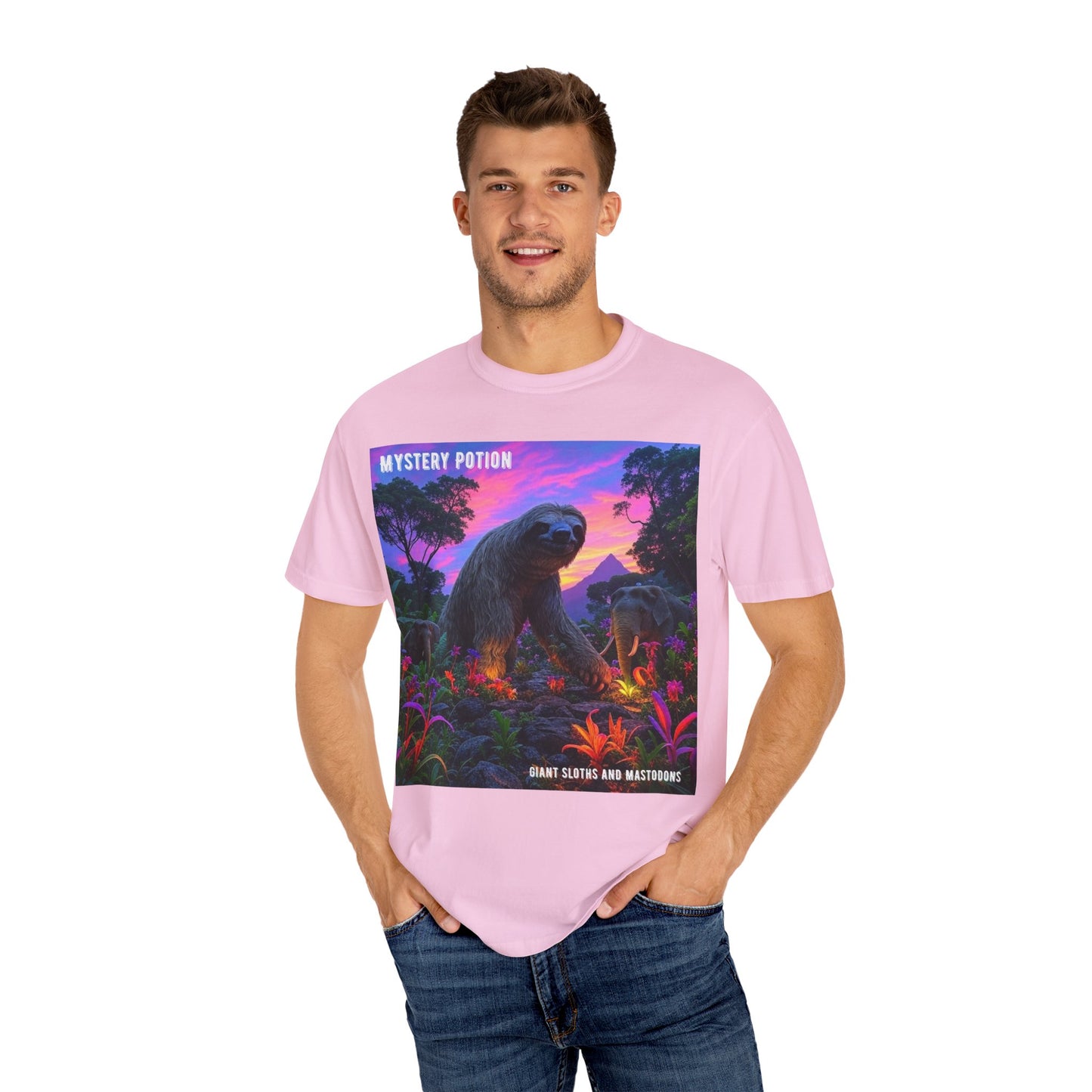 Mystery Potion's Giant Sloths and Mastodons Graphic T-Shirt | Unisex Garment-Dyed Tee for Nature Lovers, Unique Gift, Festival Wear, Prehistoric Design