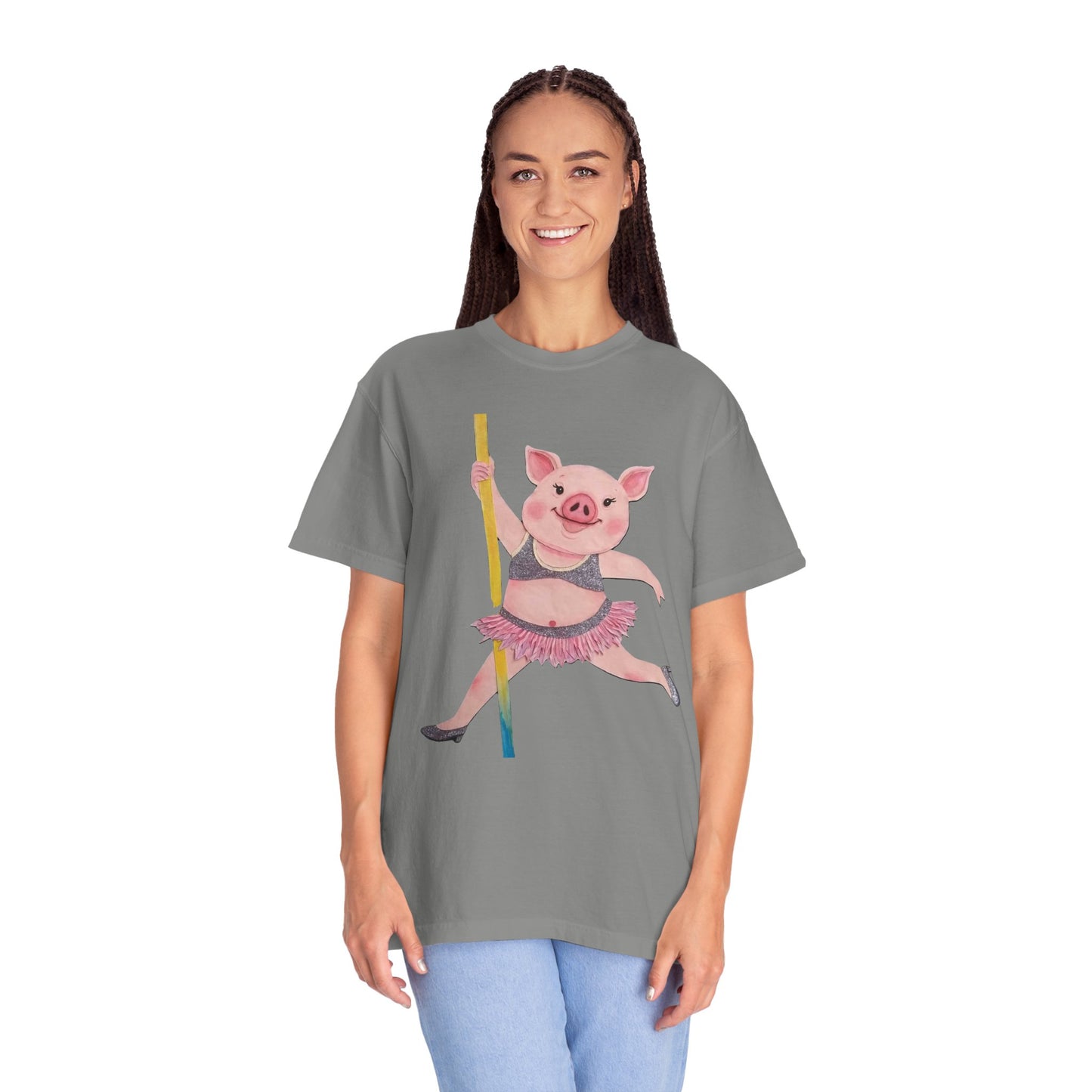'Playful Pig' T-Shirt, Fun Graphic Tee, Animal Lover Gift, Unique Apparel, Funny T-Shirt, Cute Pig Shirt, Pole-Dancers and Pole Dancing Pig.