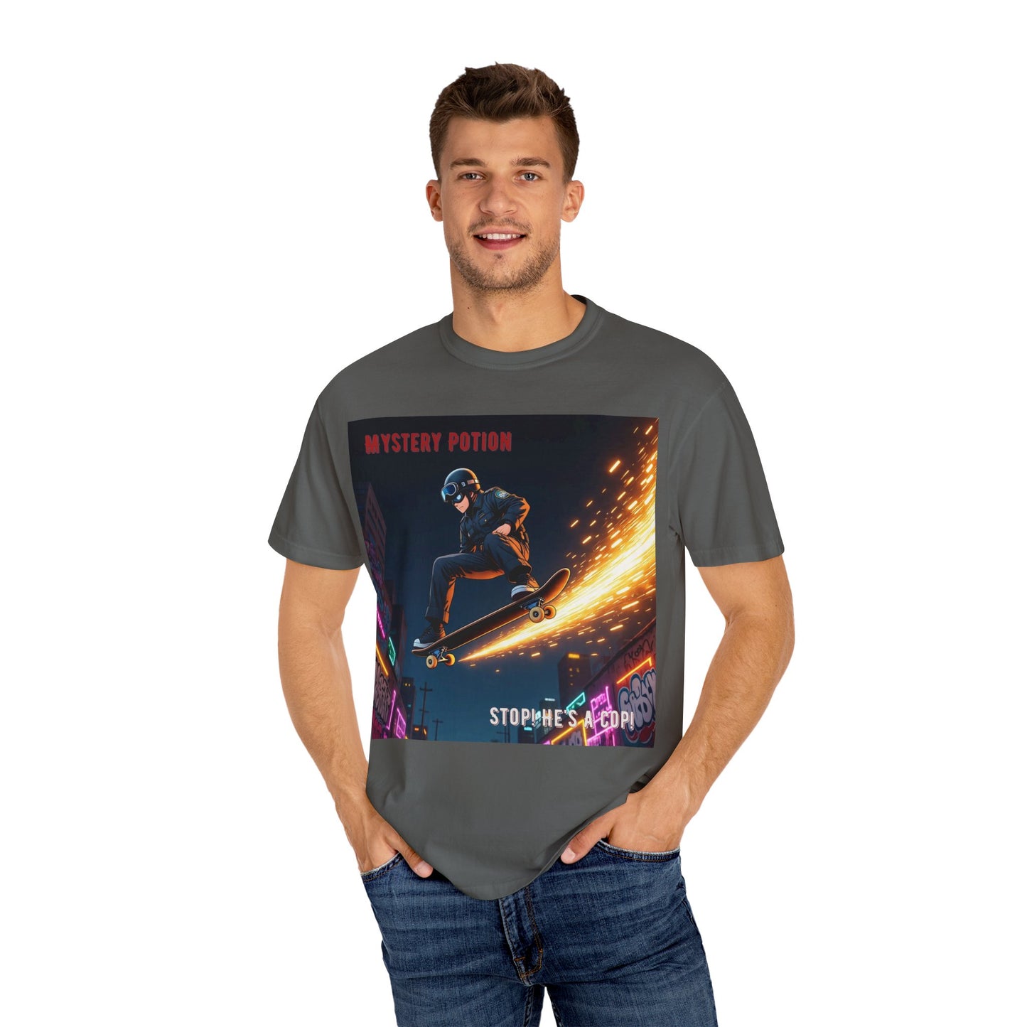 'Stop! He's A Cop!' by Mystery Potion, Skateboard Hardcore Punk T-shirt, Cozy Graphic Tee, Perfect Gift for Skaters, Unisex Streetwear Shirt, Trendy Casual Wear