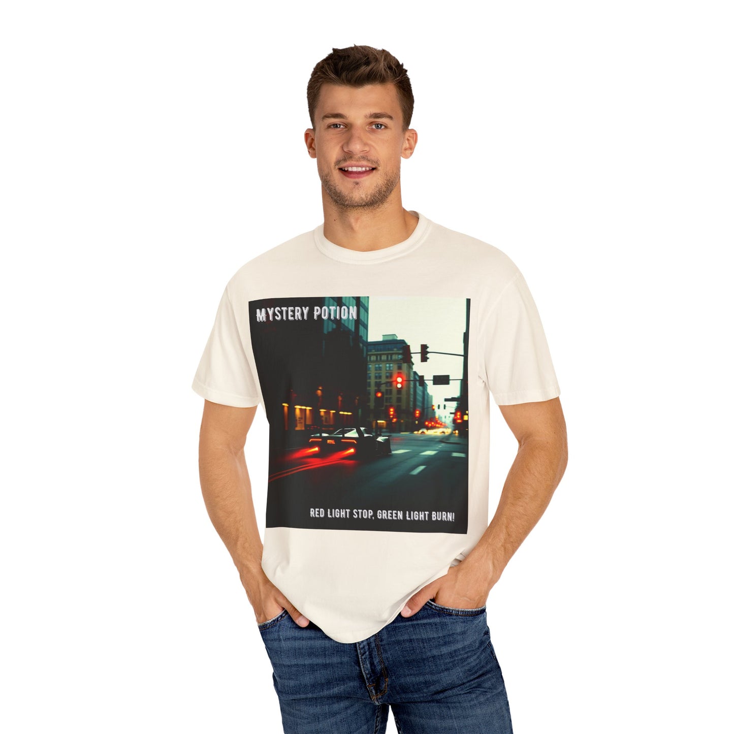 'Red Light Stop, Green Light Burn' by Mystery Potion Urban Vibe T-Shirt, Street Art T-Shirt, Fashion Tee, Gift for Art Lovers, Unisex Cotton Shirt, Unique Graphic Tee