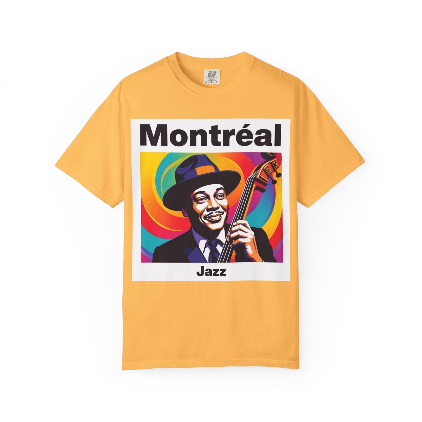 Vibrant Jazz T-Shirt with Montréal Design | Unisex Garment-Dyed Tee for Music Lovers, Concerts, Festivals, Gift Idea, Casual Wear