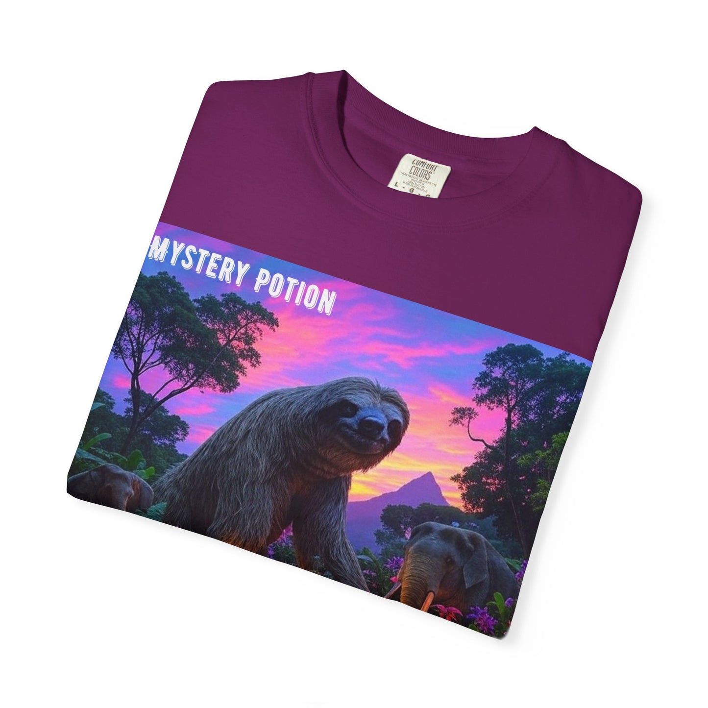 Mystery Potion's Giant Sloths and Mastodons Graphic T-Shirt | Unisex Garment-Dyed Tee for Nature Lovers, Unique Gift, Festival Wear, Prehistoric Design