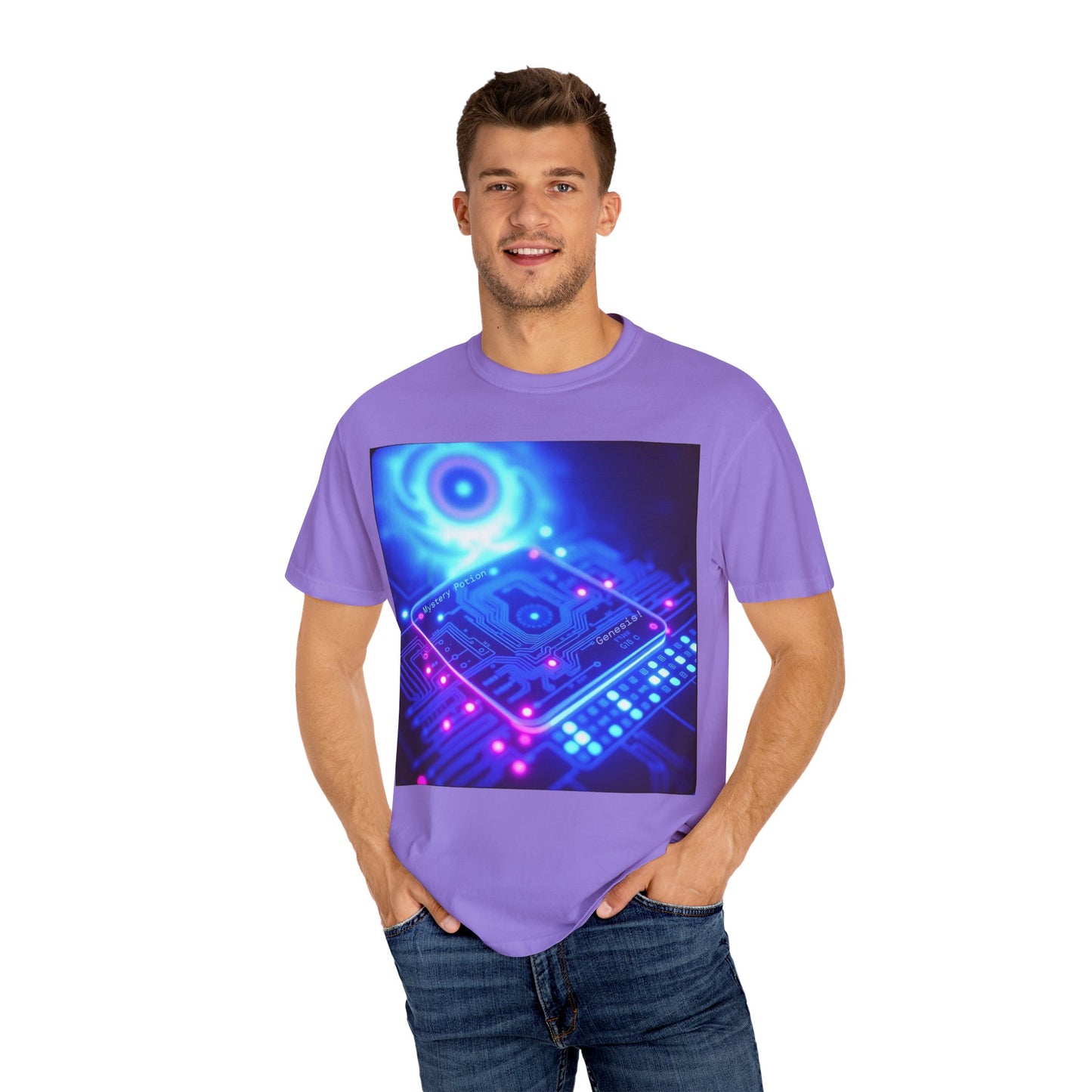 Genesis by Mystery Potion, Tech-Inspired Unisex Garment-Dyed T-Shirt, Unique Gift for Tech Lovers, Festival Wear, Casual Style, Gamer Apparel, Cyberpunk Vibe