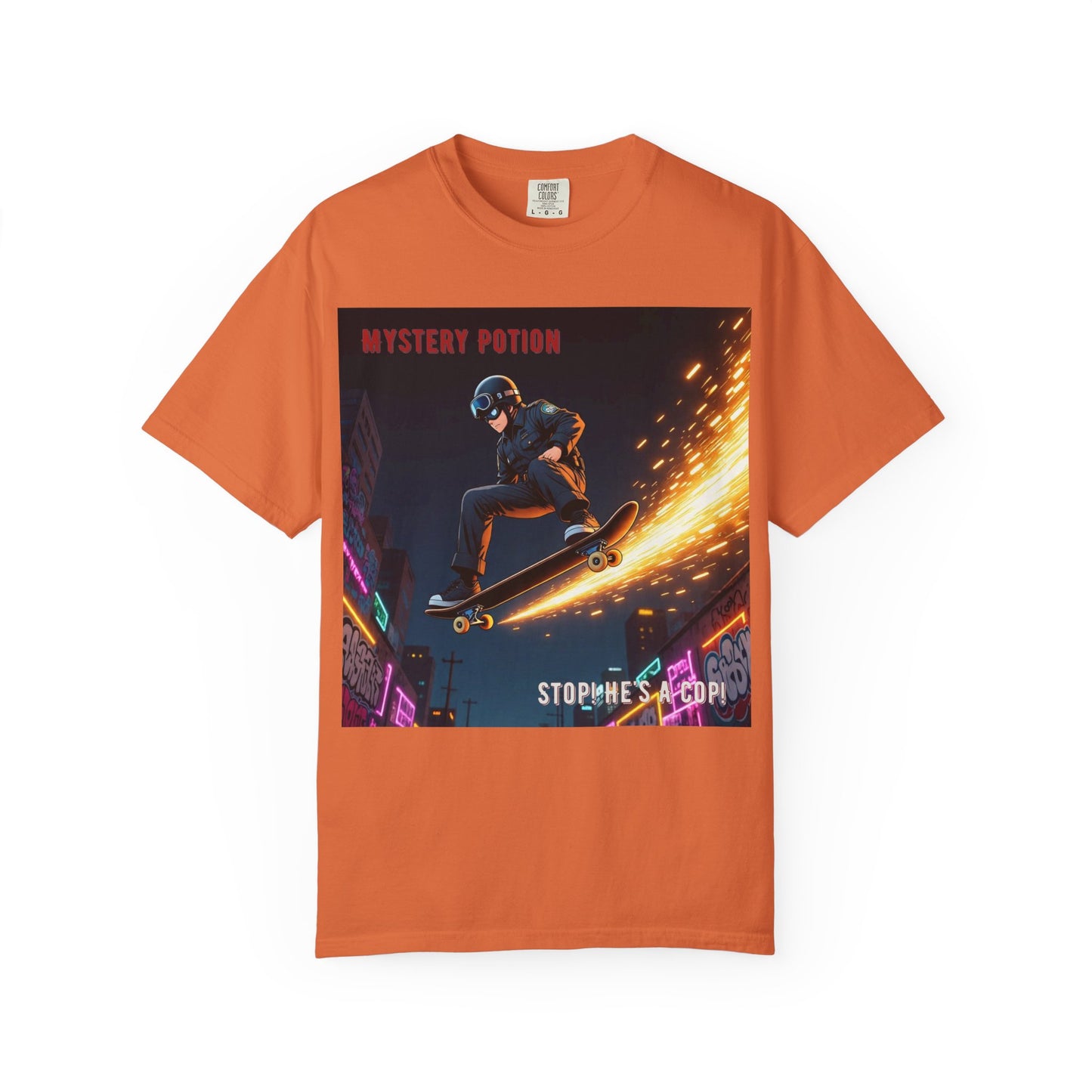 'Stop! He's A Cop!' by Mystery Potion, Skateboard Hardcore Punk T-shirt, Cozy Graphic Tee, Perfect Gift for Skaters, Unisex Streetwear Shirt, Trendy Casual Wear