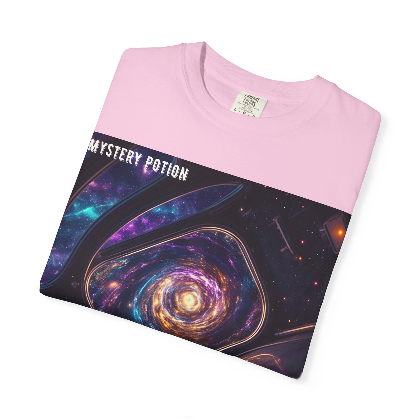 Cosmic Themed Mystery Potion Unisex Garment-Dyed T-shirt, Mystical Tee, Galaxy Shirt, Space Art Apparel, Unique Gift for Event Horizon Stargazers