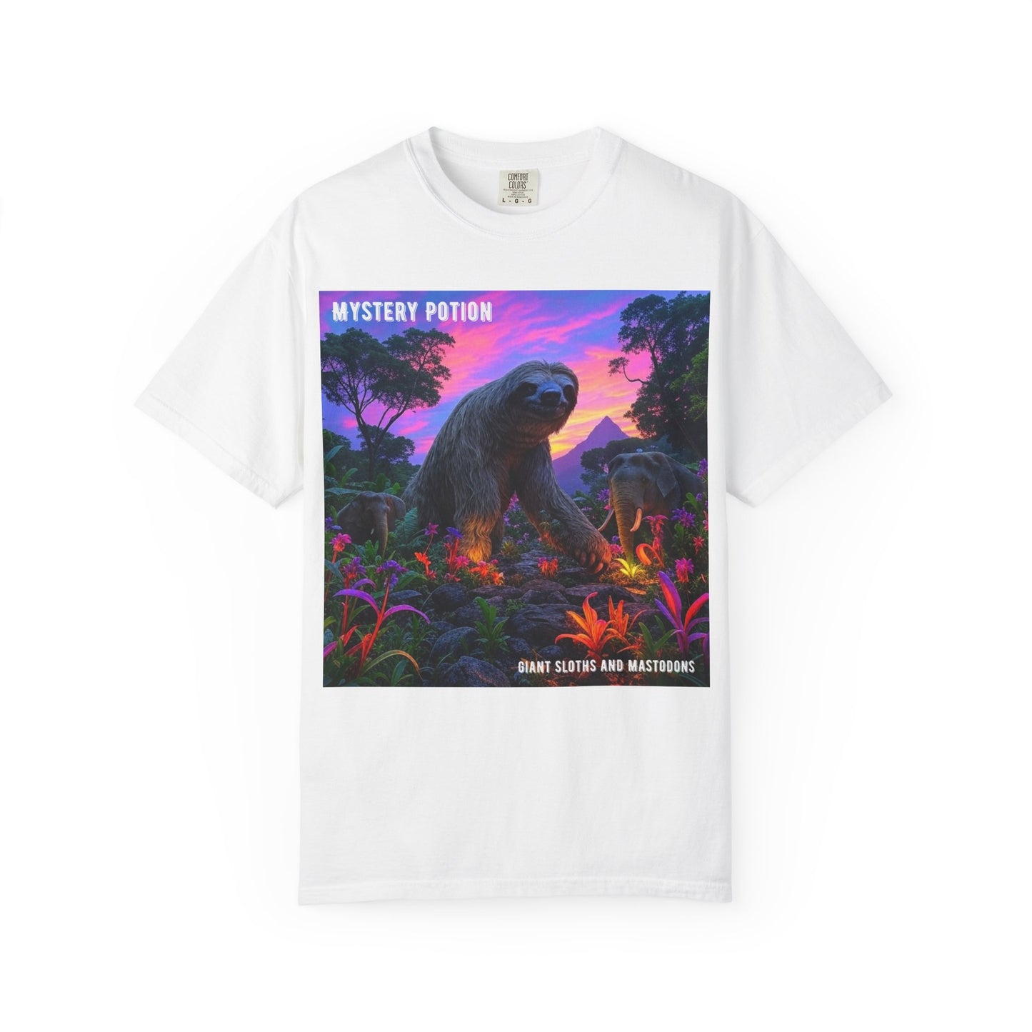 Mystery Potion's Giant Sloths and Mastodons Graphic T-Shirt | Unisex Garment-Dyed Tee for Nature Lovers, Unique Gift, Festival Wear, Prehistoric Design