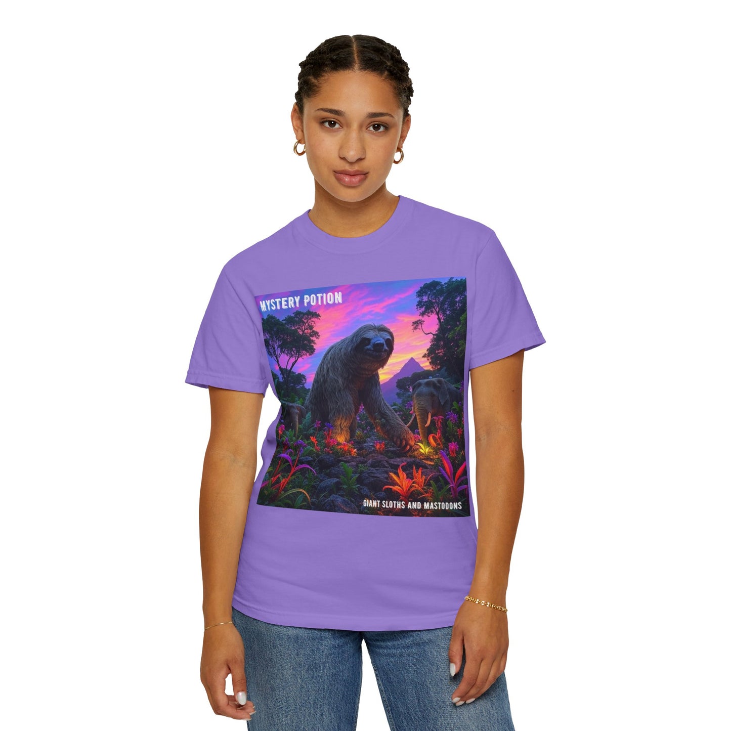 Mystery Potion's Giant Sloths and Mastodons Graphic T-Shirt | Unisex Garment-Dyed Tee for Nature Lovers, Unique Gift, Festival Wear, Prehistoric Design