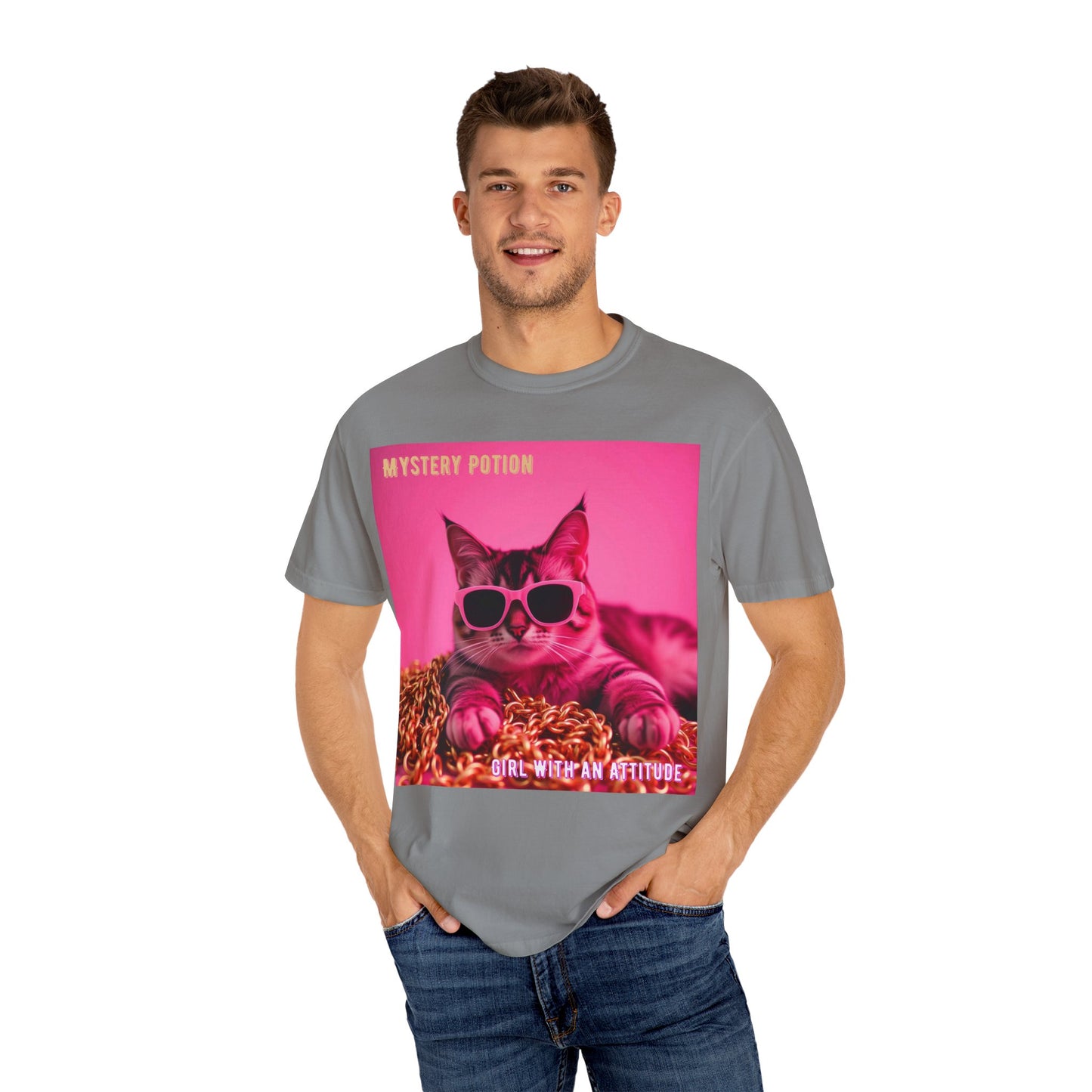 'Girl With An Attitude' by Mystery Potion, Cool Cat T-shirt, Fun Cat Tee, Gift for Cat Lovers, Casual Wear, Unique Fashion Statement, Attitude T-shirt