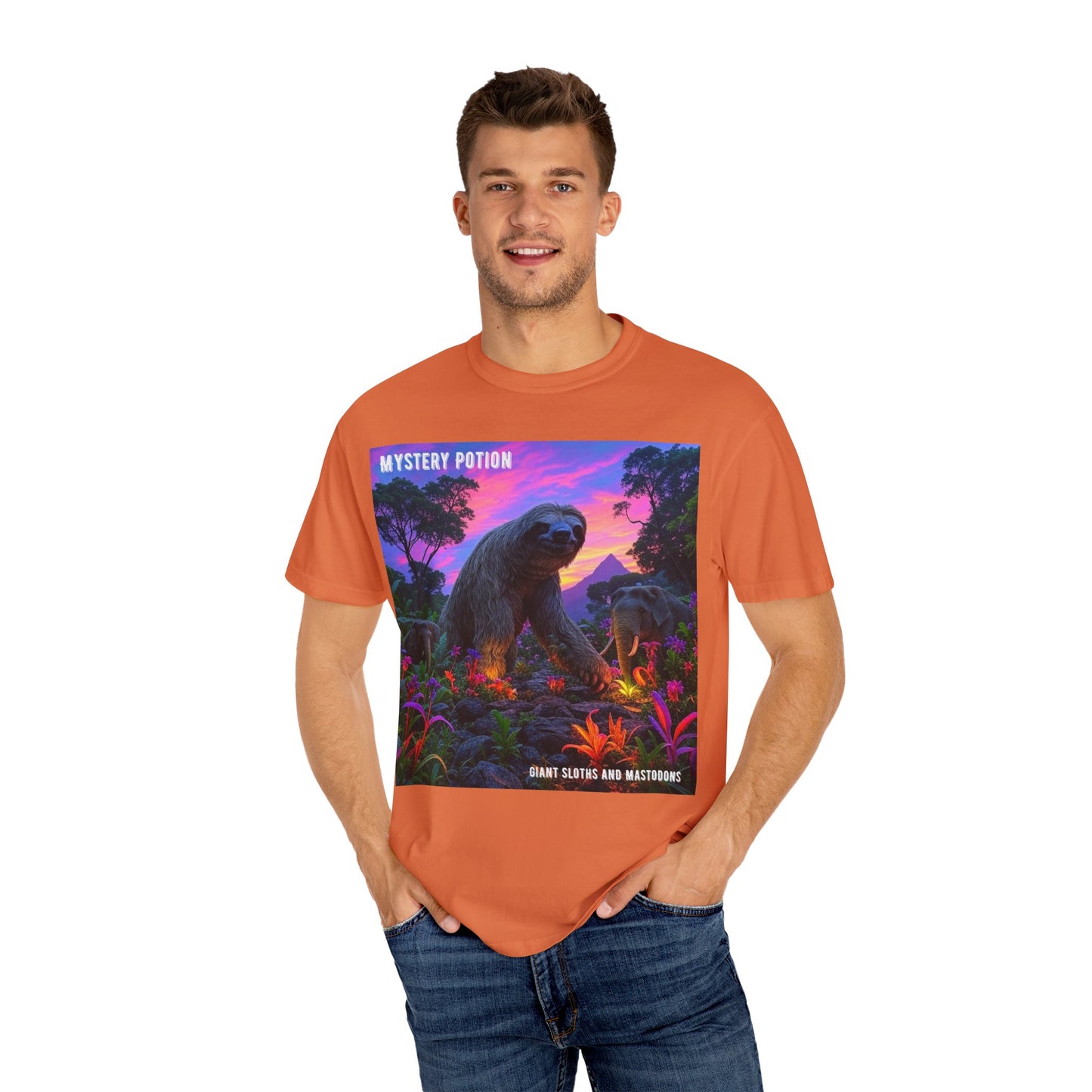 Mystery Potion's Giant Sloths and Mastodons Graphic T-Shirt | Unisex Garment-Dyed Tee for Nature Lovers, Unique Gift, Festival Wear, Prehistoric Design