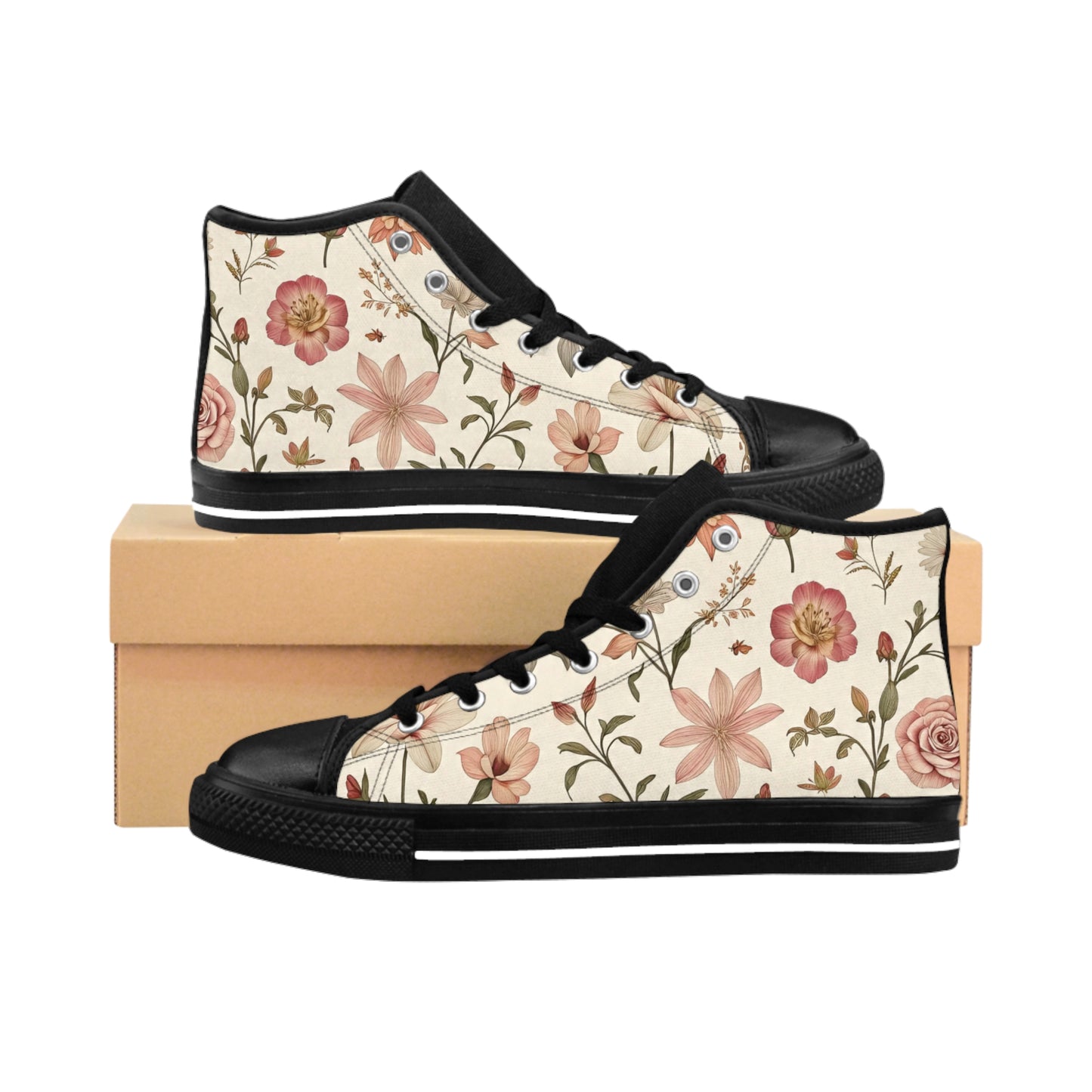 Floral Print High-Top Sneakers, Unique Floral High-Top Shoes, Trendy Casual Sneakers, Gift for Her, Spring Footwear