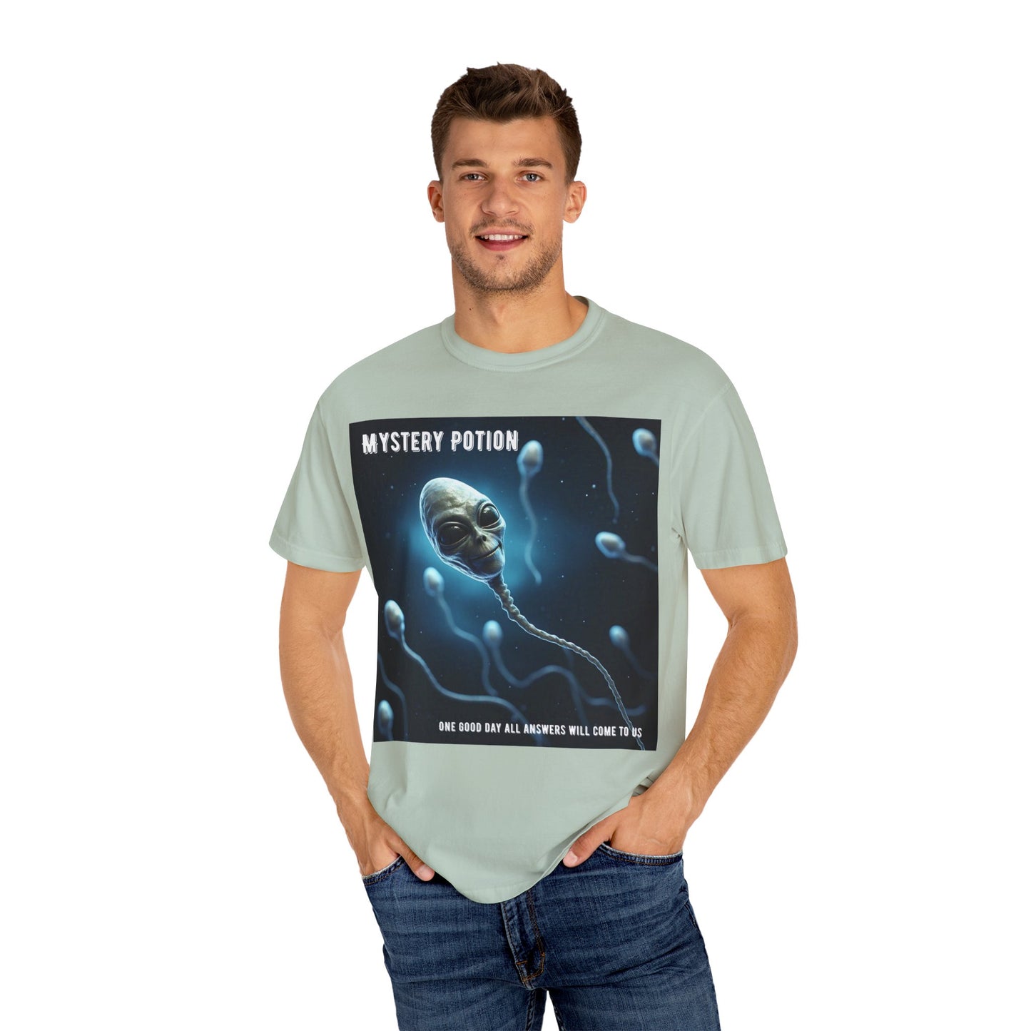 'One Good Day All Answers Will Come To Us' by Mystery Potion, Alien Sperm Tee, Unisex Graphic T-Shirt, Fun Gift for Space Lovers, Cool Casual Wear, Sci-Fi Fashion, Unique Statement Piece