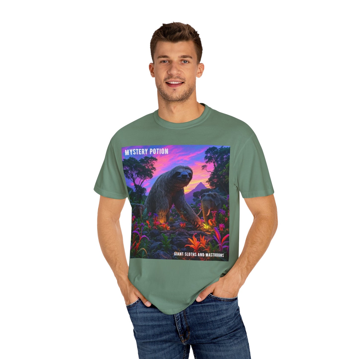 Mystery Potion's Giant Sloths and Mastodons Graphic T-Shirt | Unisex Garment-Dyed Tee for Nature Lovers, Unique Gift, Festival Wear, Prehistoric Design