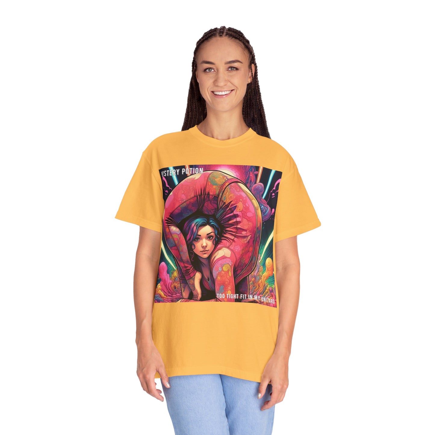 Mystery Potion Extreme Yoga Pose Unisex Garment-Dyed T-shirt, Artistic Tee, Vibrant Graphic Shirt, Unique Gift, Festival Wear, Comfortable Casual Top