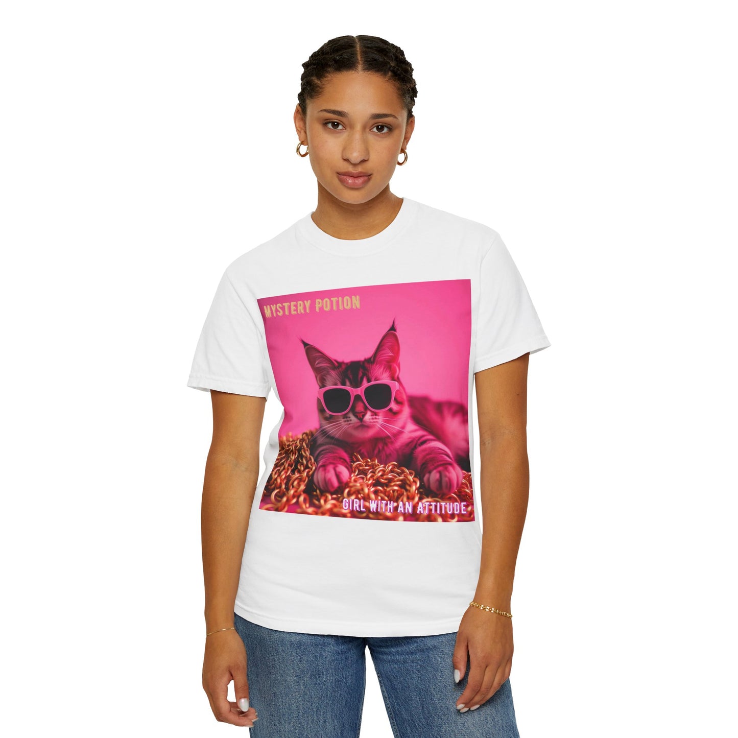 'Girl With An Attitude' by Mystery Potion, Cool Cat T-shirt, Fun Cat Tee, Gift for Cat Lovers, Casual Wear, Unique Fashion Statement, Attitude T-shirt