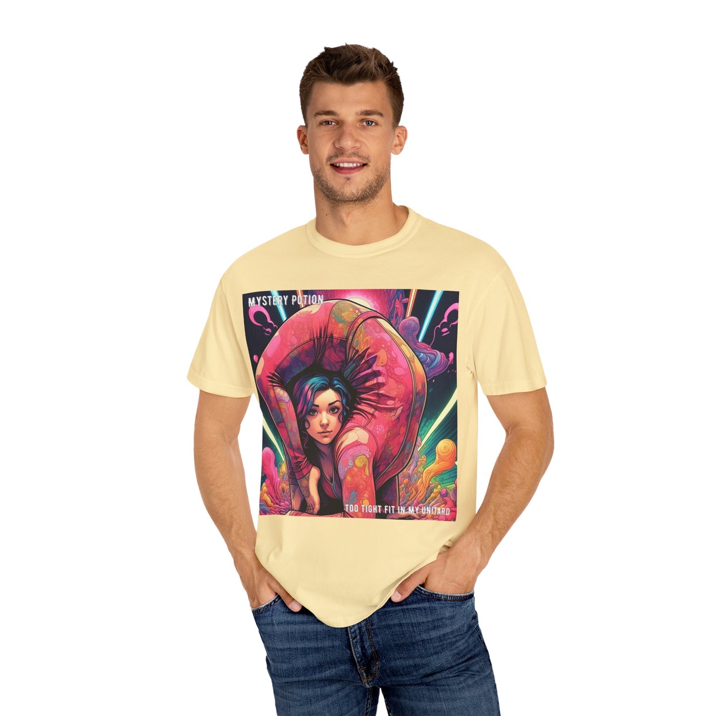 Mystery Potion Extreme Yoga Pose Unisex Garment-Dyed T-shirt, Artistic Tee, Vibrant Graphic Shirt, Unique Gift, Festival Wear, Comfortable Casual Top