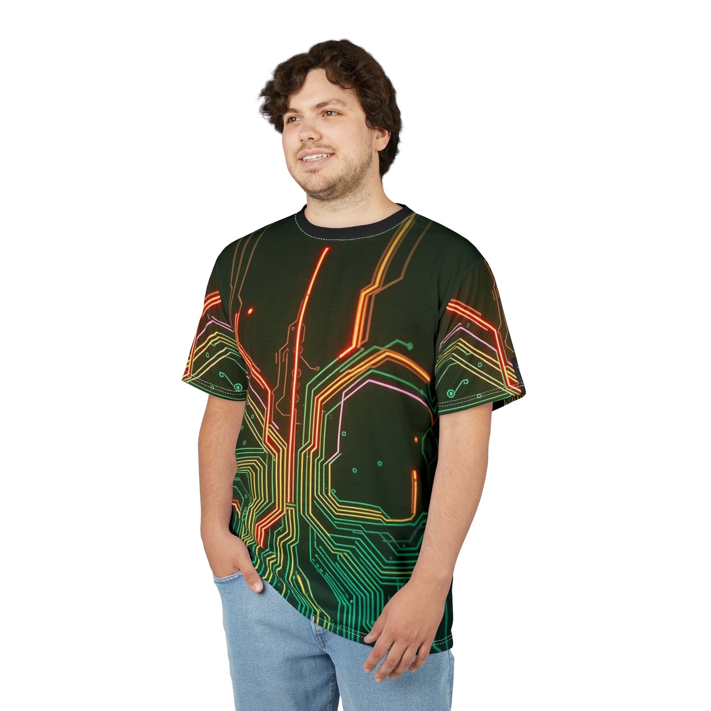 Futuristic Circuit Board Tee, Unisex Graphic Tee, Tech-Inspired Shirt, Unique Gift for Geeks, Cyberpunk Fashion, AOP Design