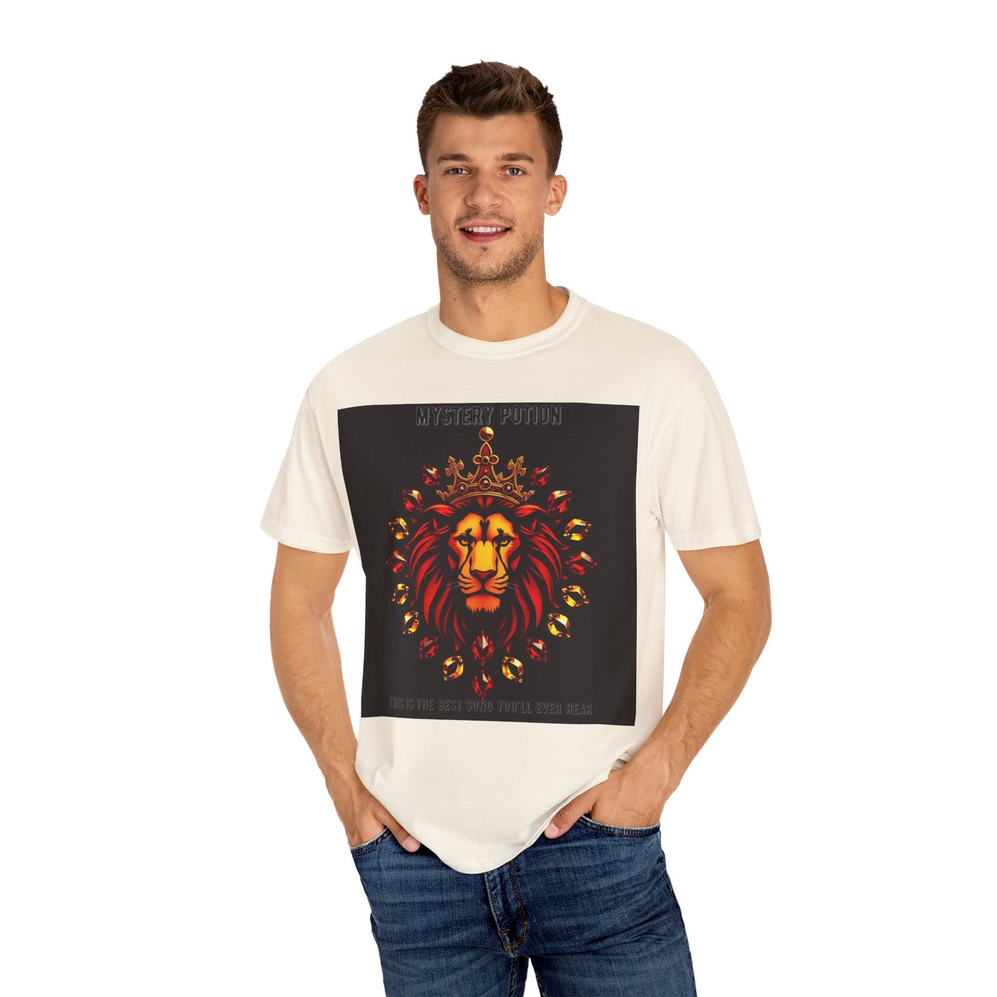 'This Is The Best Song You'll Ever Hear' by Mystery Potion, Bold Graphic Royal Lion T-Shirt, Unisex Tee, Streetwear Style, Gift for Lion Lovers, Perfect for Casual Outings, Unique Clothing