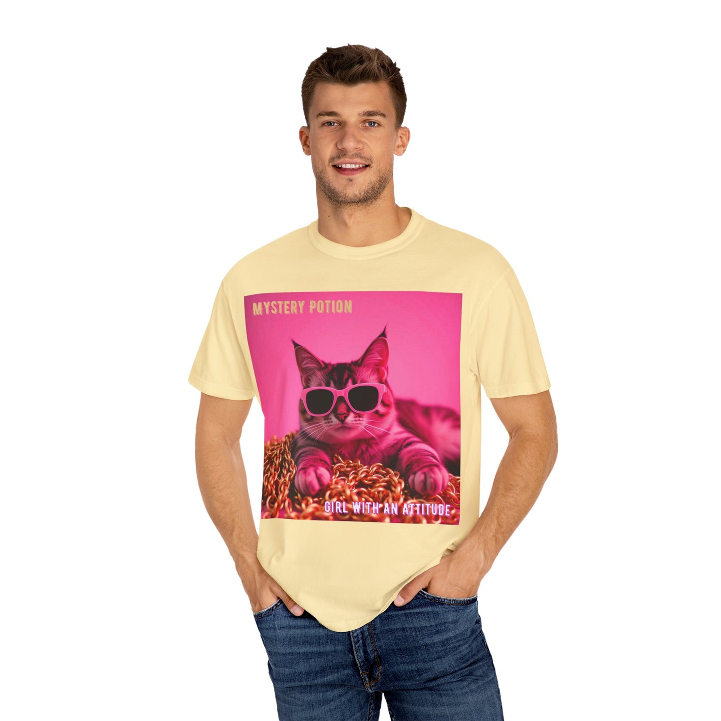 'Girl With An Attitude' by Mystery Potion, Cool Cat T-shirt, Fun Cat Tee, Gift for Cat Lovers, Casual Wear, Unique Fashion Statement, Attitude T-shirt