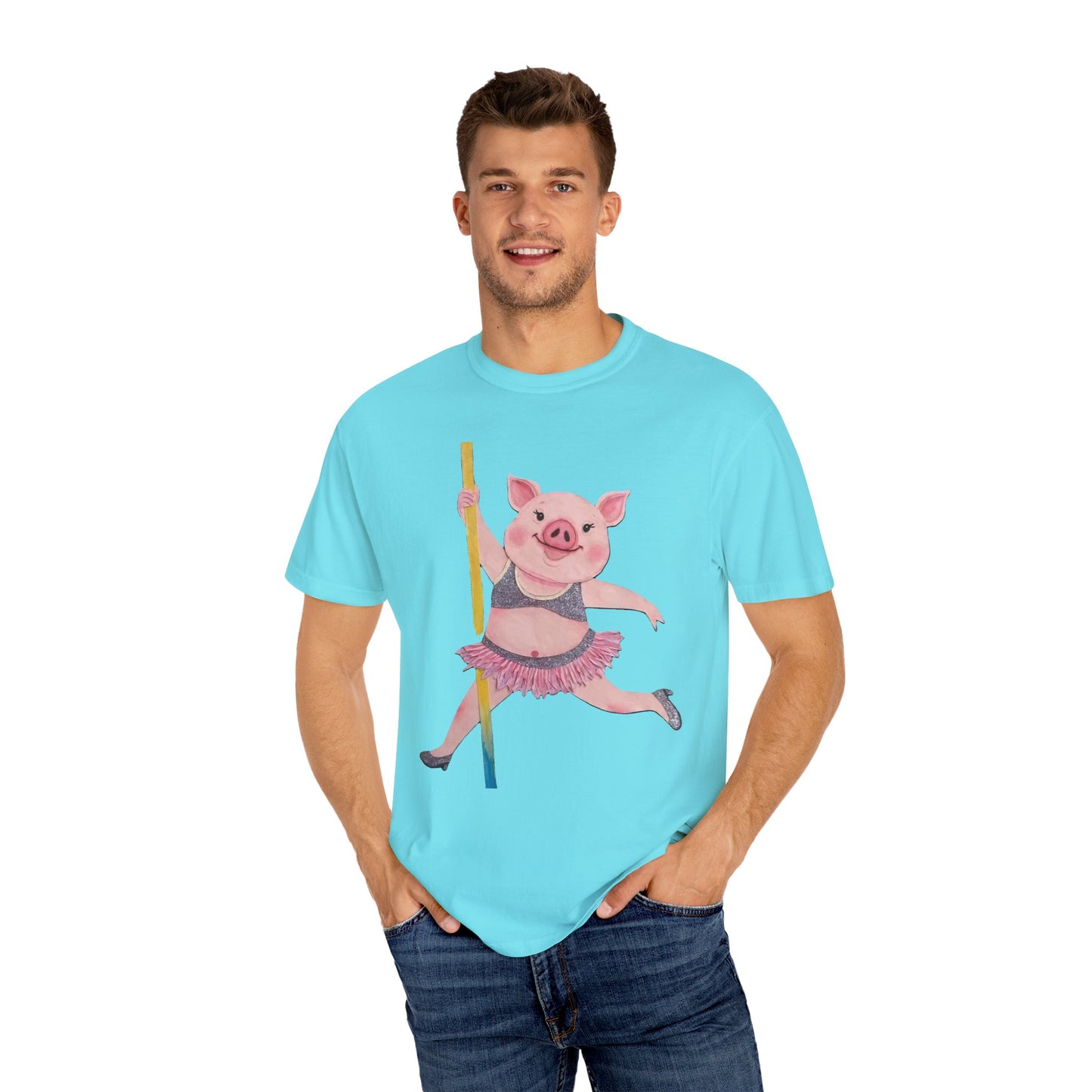 'Playful Pig' T-Shirt, Fun Graphic Tee, Animal Lover Gift, Unique Apparel, Funny T-Shirt, Cute Pig Shirt, Pole-Dancers and Pole Dancing Pig.