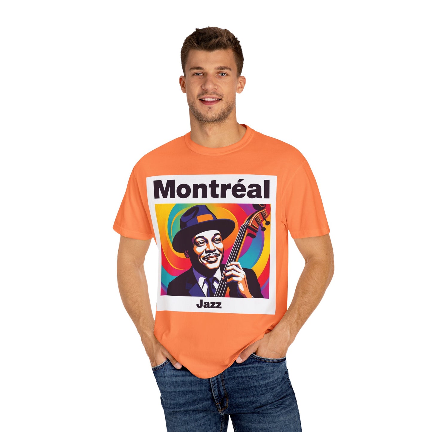 Vibrant Jazz T-Shirt with Montréal Design | Unisex Garment-Dyed Tee for Music Lovers, Concerts, Festivals, Gift Idea, Casual Wear