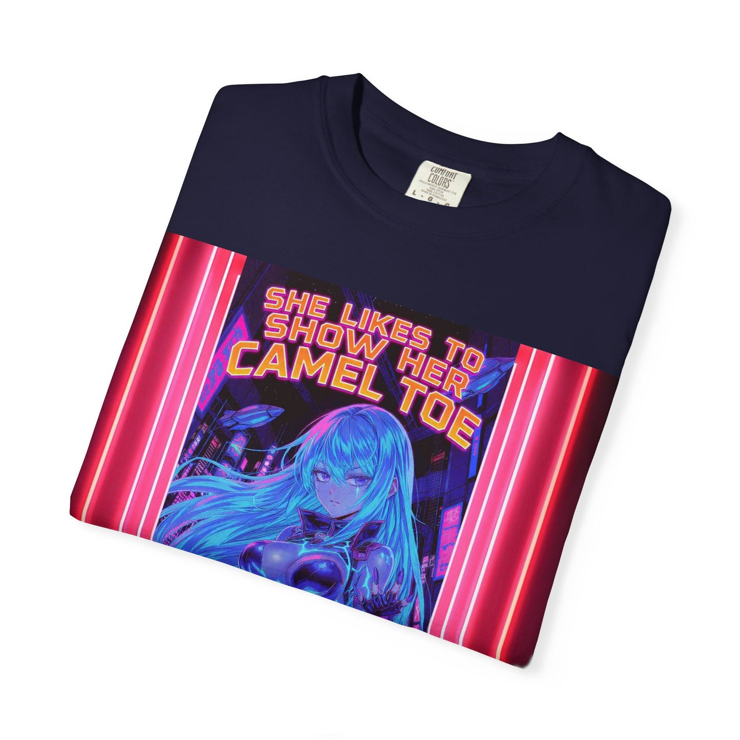 Anime Neon Tee — "She Likes to Show Her Camel Toe" Graphic T-Shirt