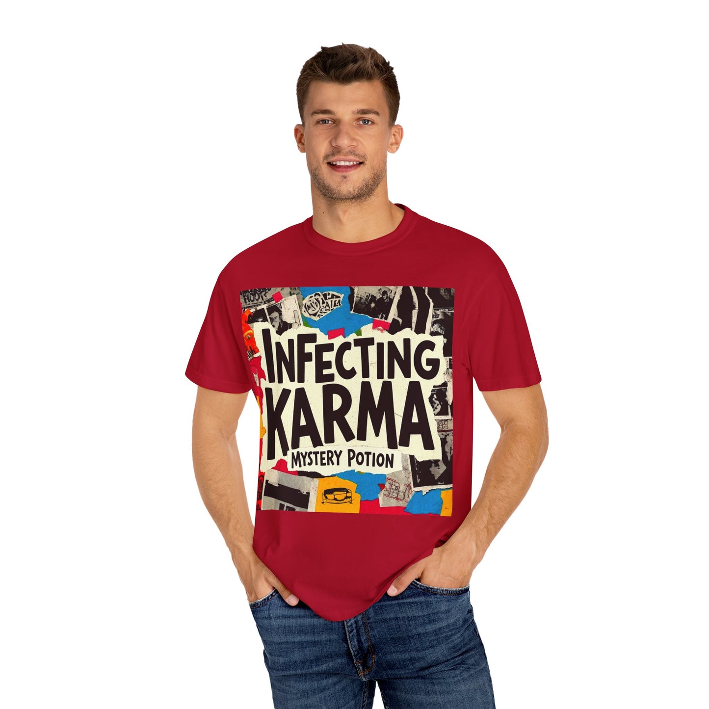 'Infecting Karma' by Mystery Potion,  Mystical Vibes T-shirt Design - Summer Casual Wear, Gift for Friends, Festival Apparel, Unique Statement Tee