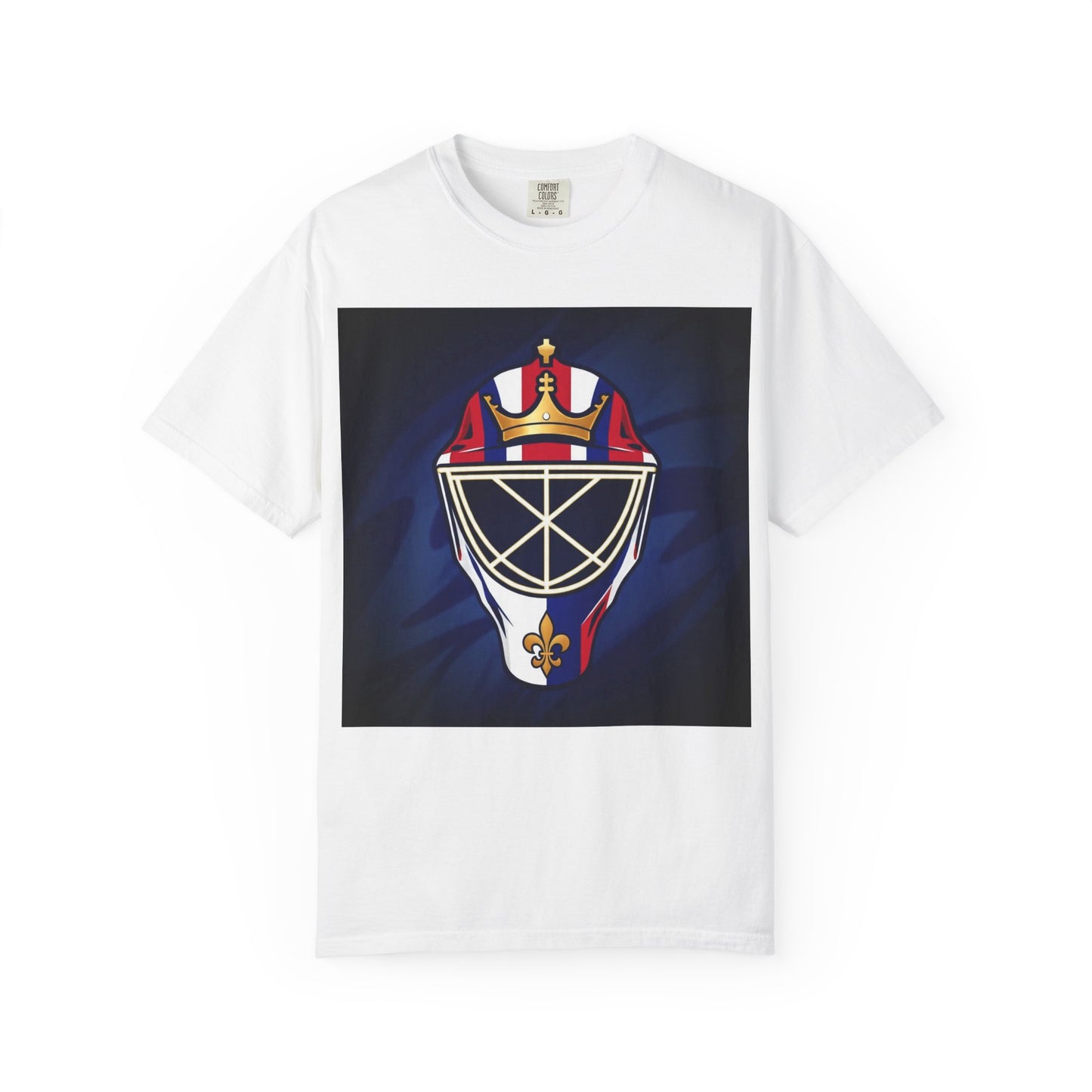 Regal Crown Goalie Mask Graphic T-shirt, Unisex Fashion Tee, Red, White and Blue Casual Wear, Gift for Her/Him, Summer Style, Graphic Apparel, Streetwear