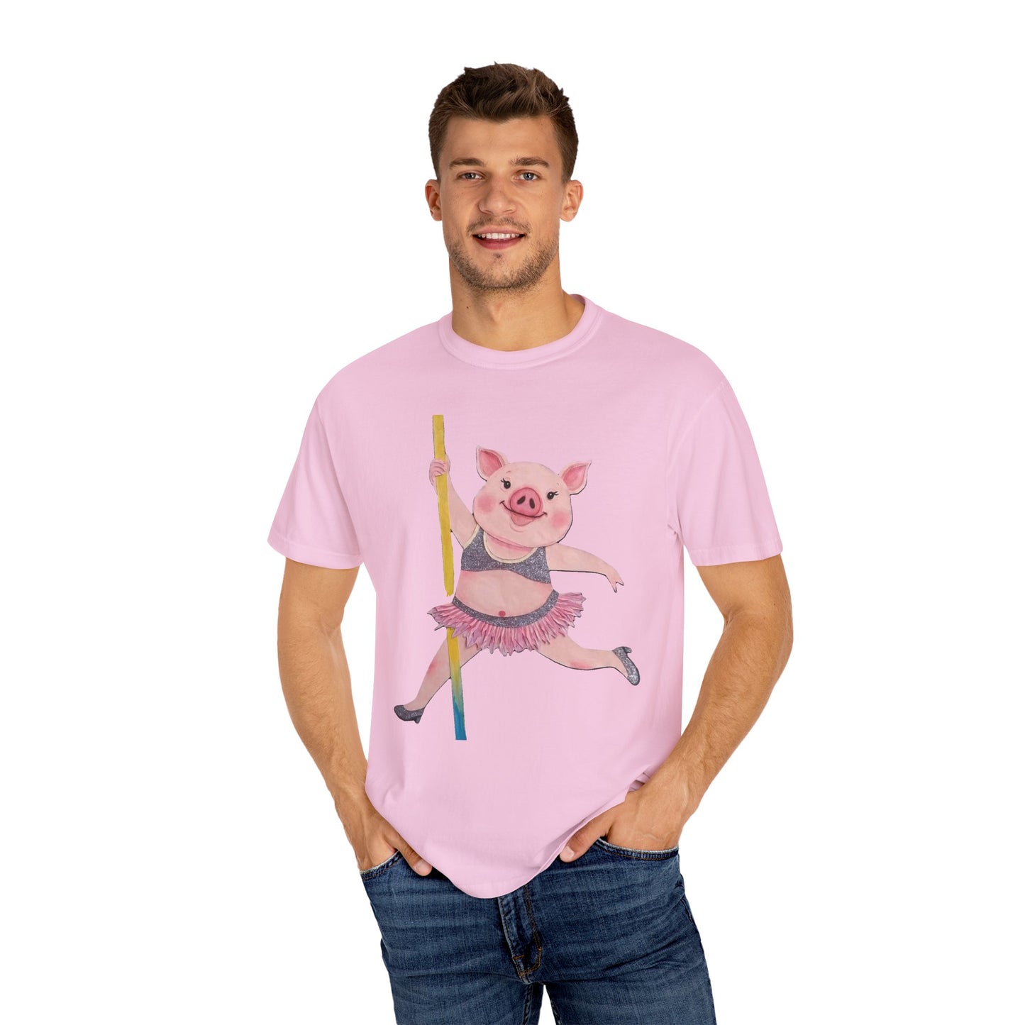 'Playful Pig' T-Shirt, Fun Graphic Tee, Animal Lover Gift, Unique Apparel, Funny T-Shirt, Cute Pig Shirt, Pole-Dancers and Pole Dancing Pig.