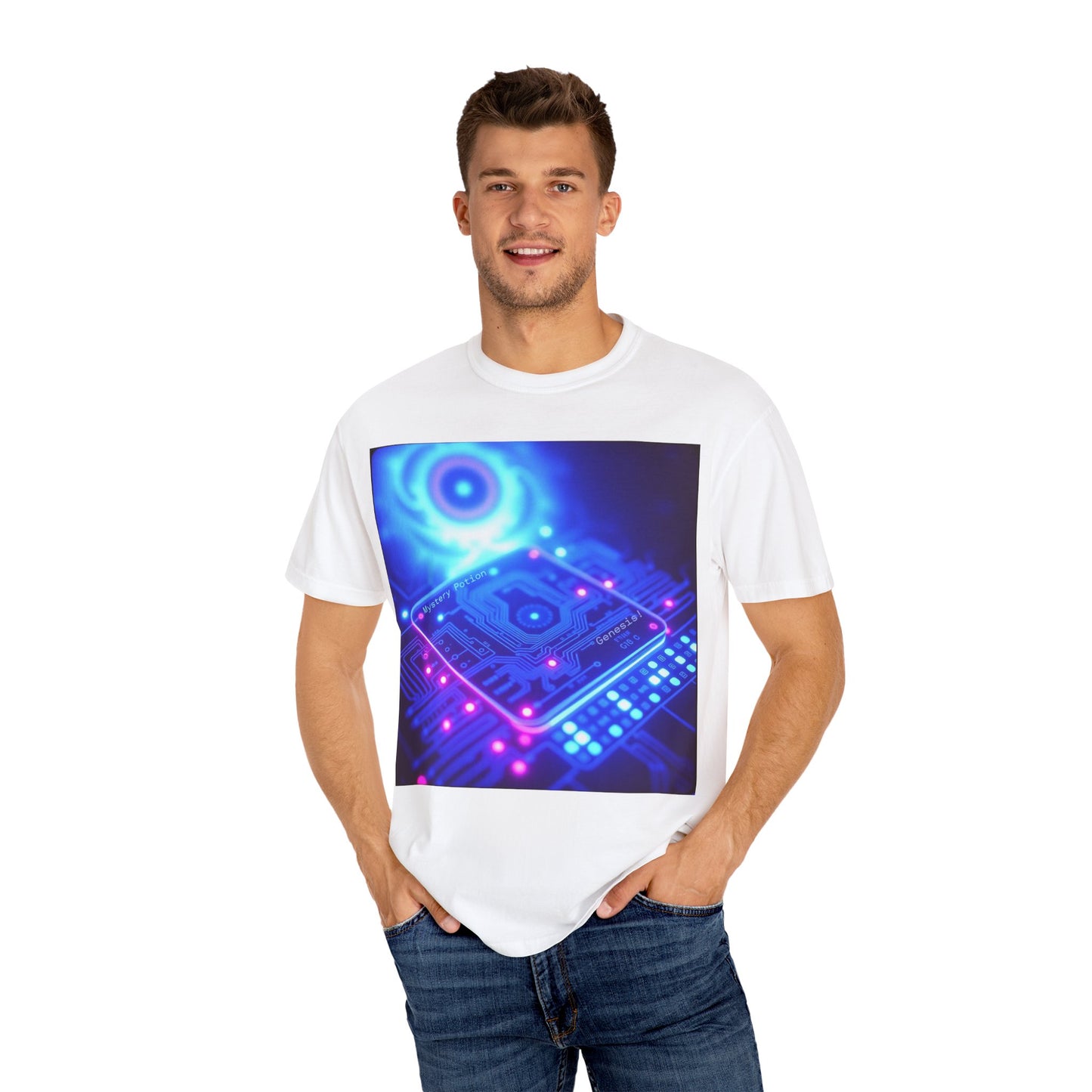 Genesis by Mystery Potion, Tech-Inspired Unisex Garment-Dyed T-Shirt, Unique Gift for Tech Lovers, Festival Wear, Casual Style, Gamer Apparel, Cyberpunk Vibe