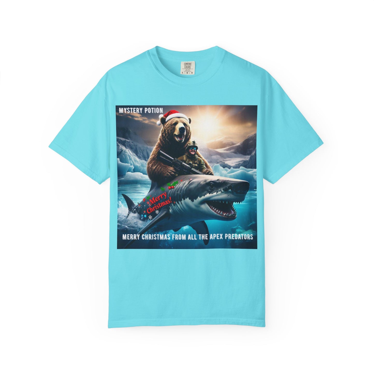 X-mas Humor T-Shirt "Merry Christmas from All the Apex Predators", Unisex Garment-Dyed Tee, Funny Holiday Shirt, Gift for Friends, Outdoor Adventure Wear, Novelty Apparel