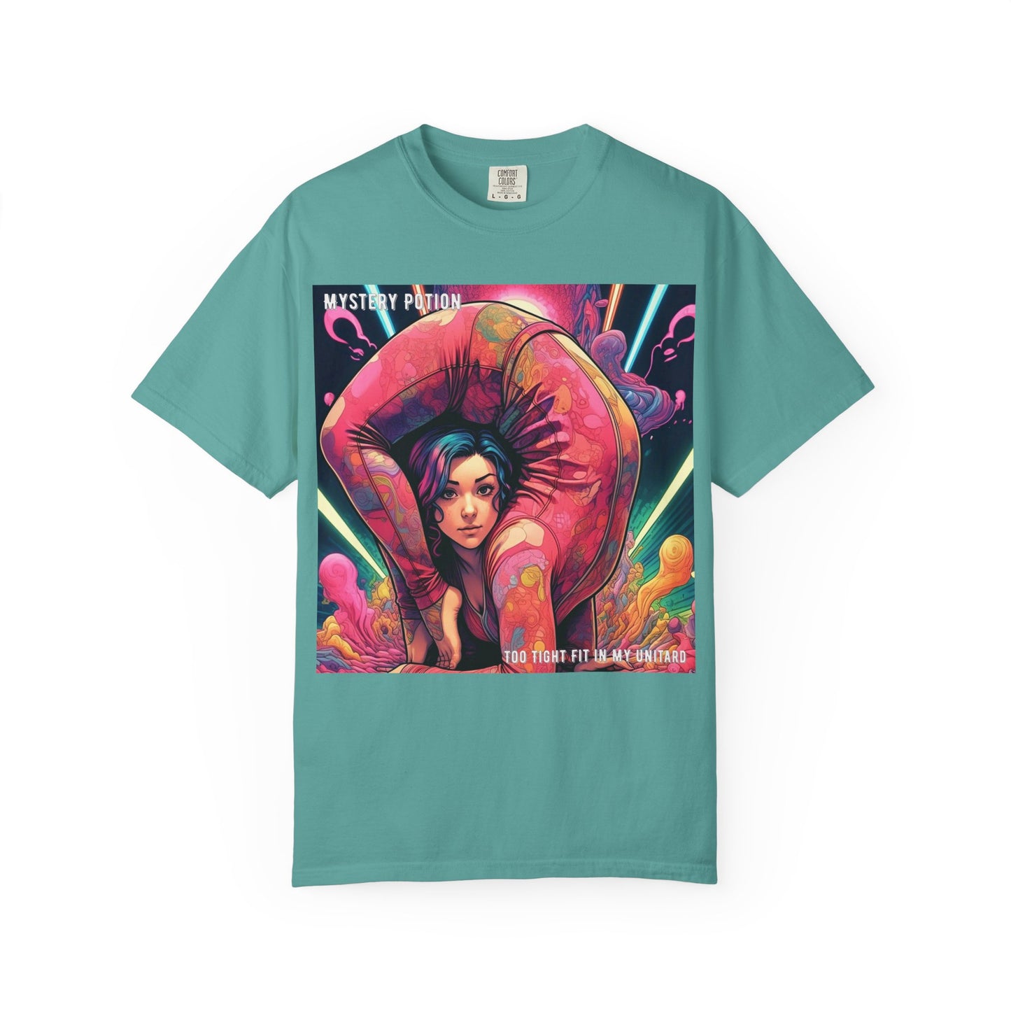 Mystery Potion Extreme Yoga Pose Unisex Garment-Dyed T-shirt, Artistic Tee, Vibrant Graphic Shirt, Unique Gift, Festival Wear, Comfortable Casual Top