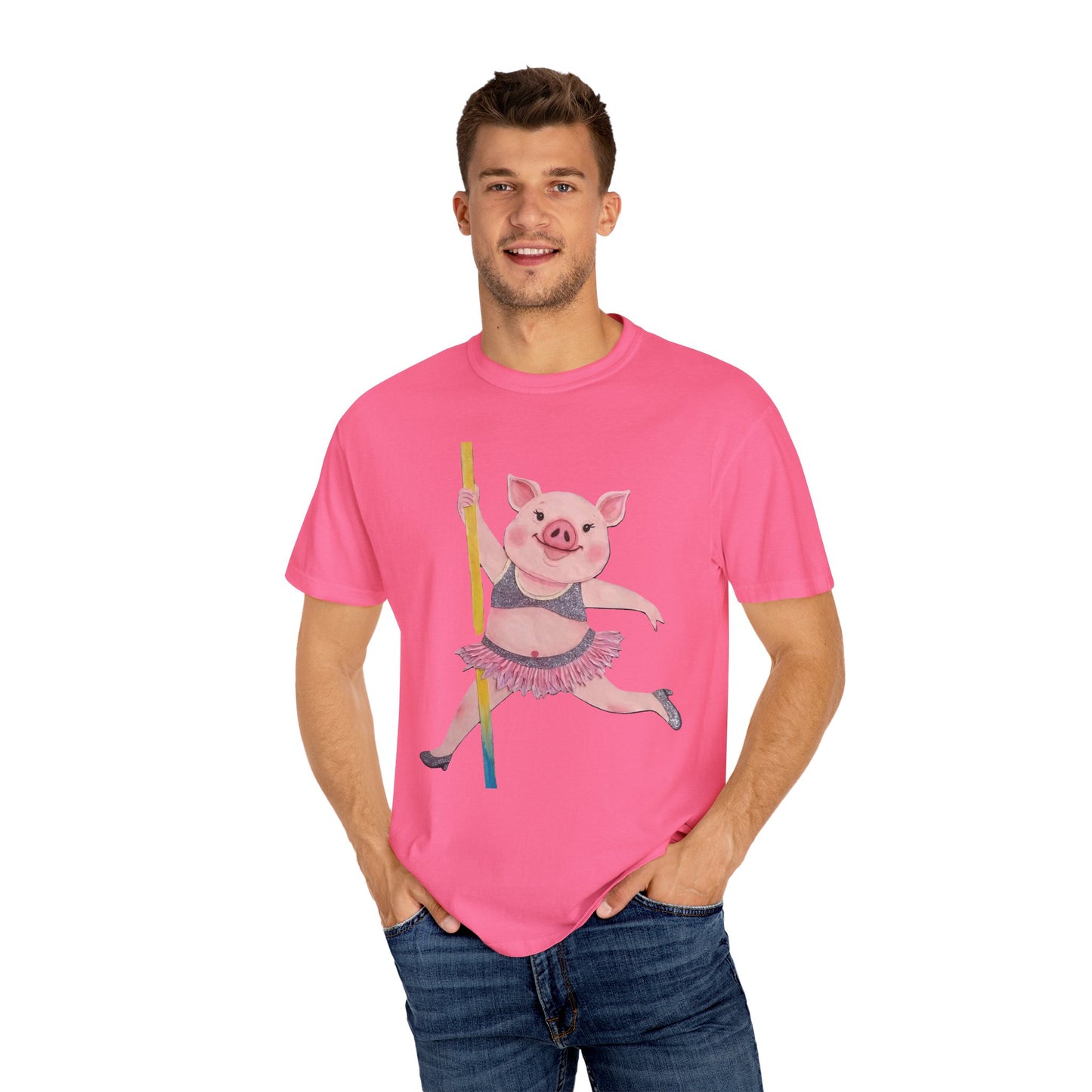 'Playful Pig' T-Shirt, Fun Graphic Tee, Animal Lover Gift, Unique Apparel, Funny T-Shirt, Cute Pig Shirt, Pole-Dancers and Pole Dancing Pig.