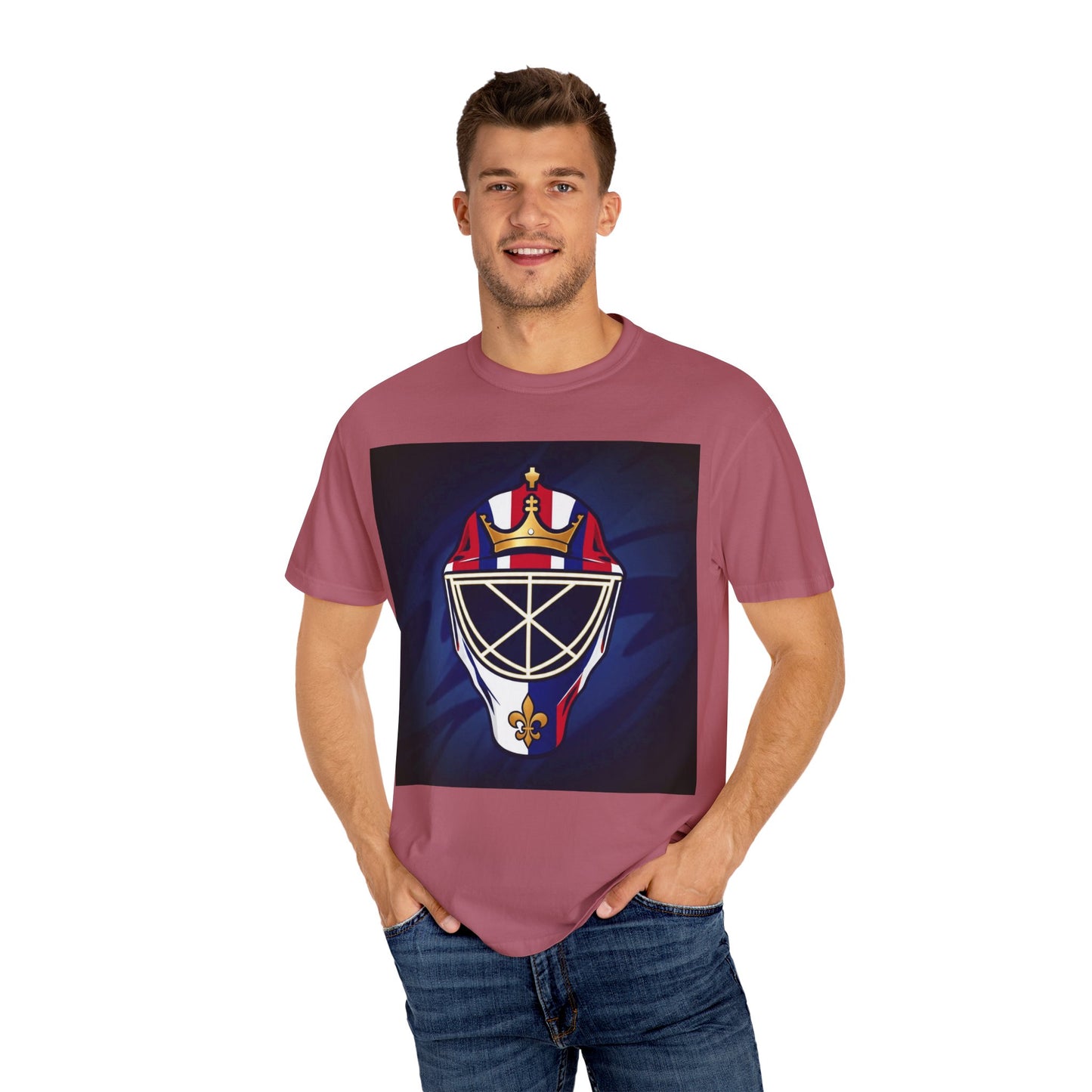 Regal Crown Goalie Mask Graphic T-shirt, Unisex Fashion Tee, Red, White and Blue Casual Wear, Gift for Her/Him, Summer Style, Graphic Apparel, Streetwear