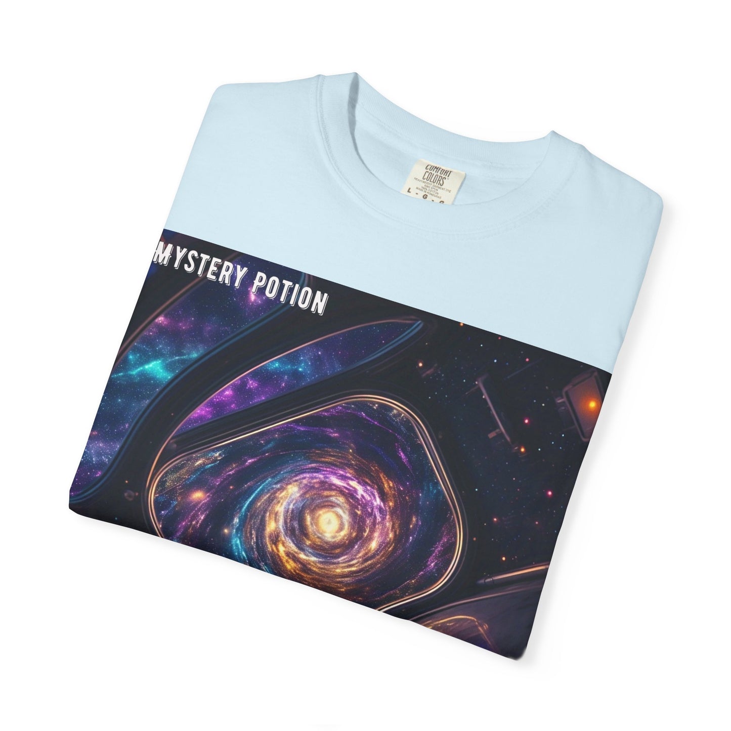 Cosmic Themed Mystery Potion Unisex Garment-Dyed T-shirt, Mystical Tee, Galaxy Shirt, Space Art Apparel, Unique Gift for Event Horizon Stargazers