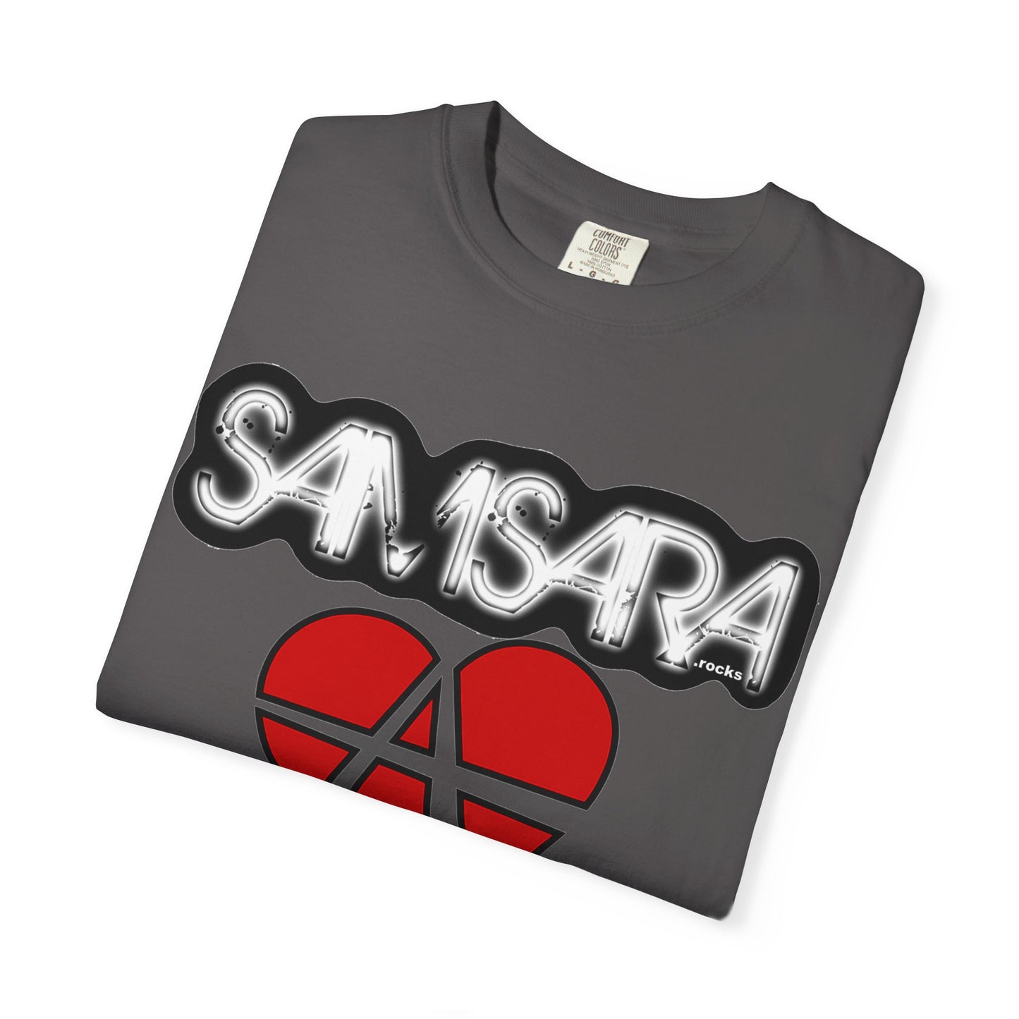 'Samsara Rocks' Logo, Love and Anarchy Graphic Tee | Unisex Garment-Dyed T-Shirt, Casual Fashion, Heart Design, Streetwear, Gift for Him/Her