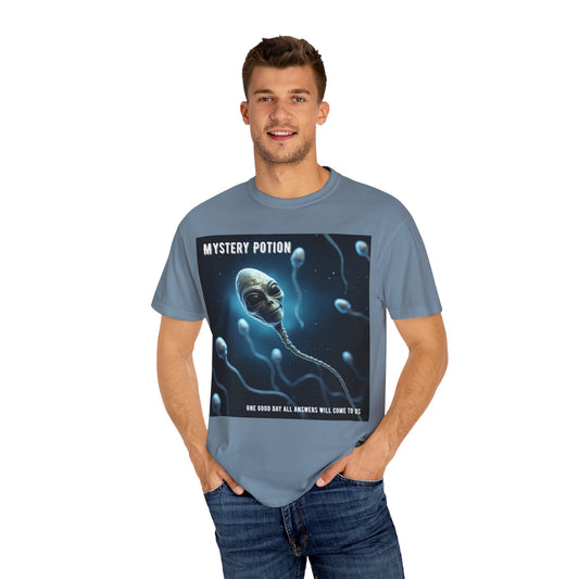 'One Good Day All Answers Will Come To Us' by Mystery Potion, Alien Sperm Tee, Unisex Graphic T-Shirt, Fun Gift for Space Lovers, Cool Casual Wear, Sci-Fi Fashion, Unique Statement Piece