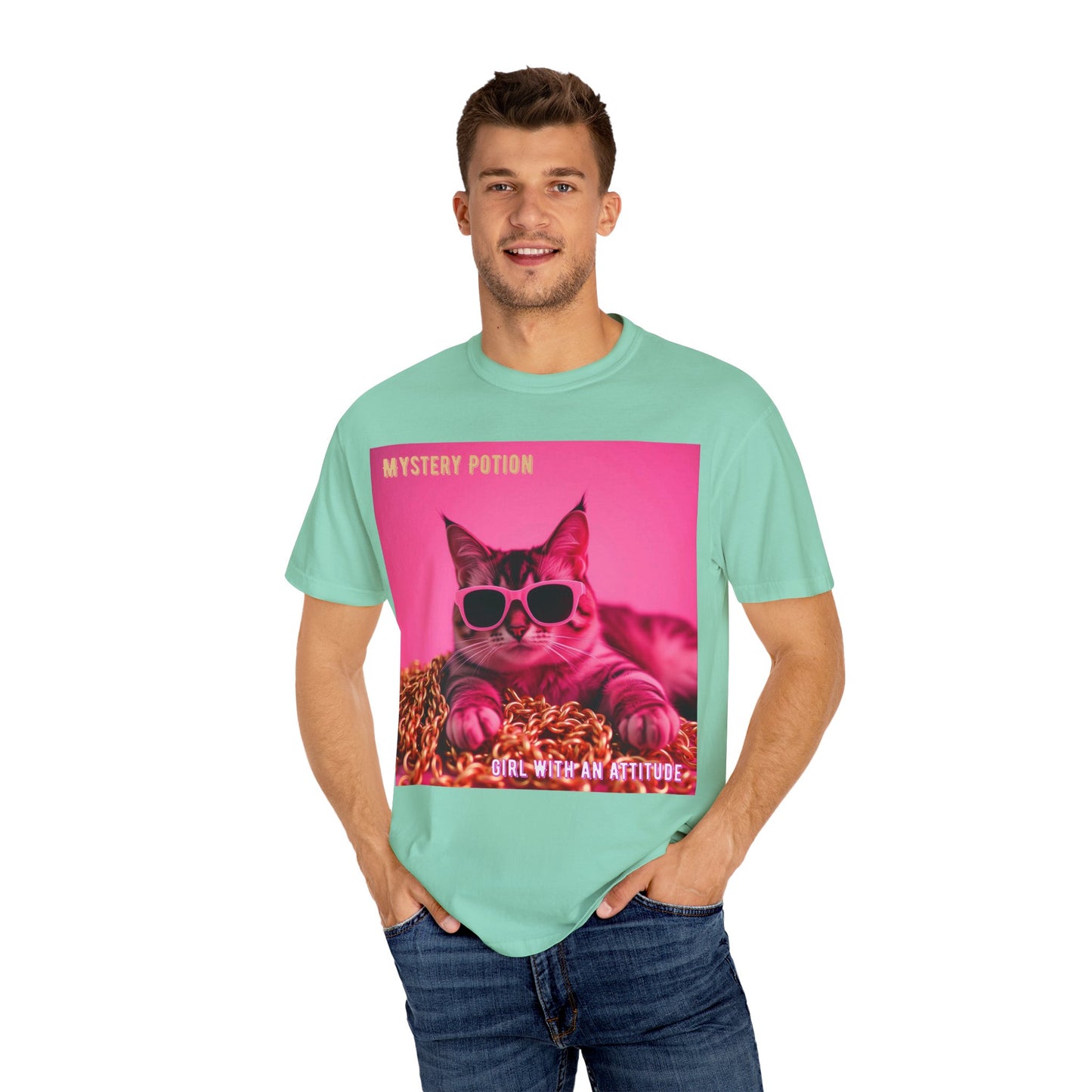 'Girl With An Attitude' by Mystery Potion, Cool Cat T-shirt, Fun Cat Tee, Gift for Cat Lovers, Casual Wear, Unique Fashion Statement, Attitude T-shirt
