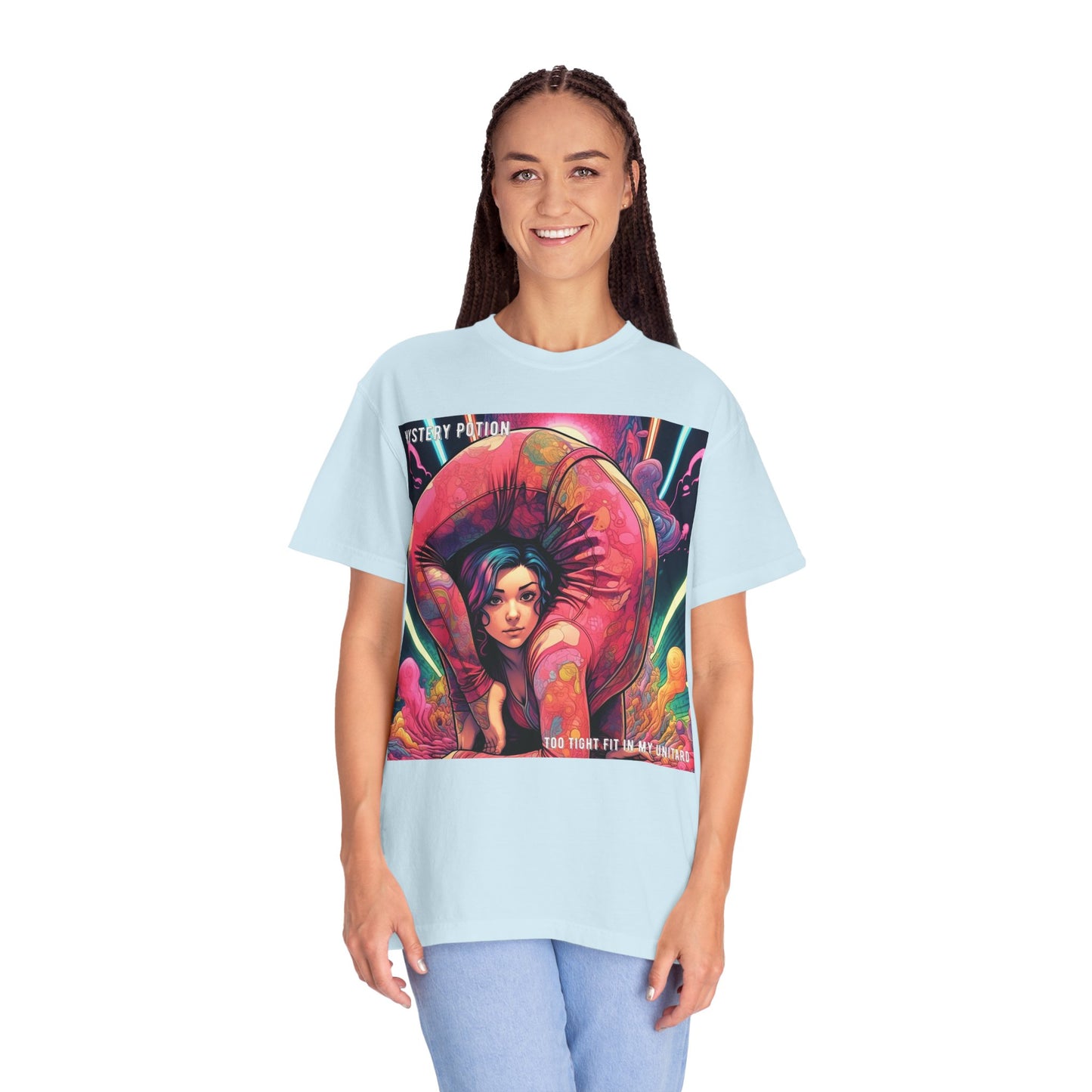 Mystery Potion Extreme Yoga Pose Unisex Garment-Dyed T-shirt, Artistic Tee, Vibrant Graphic Shirt, Unique Gift, Festival Wear, Comfortable Casual Top