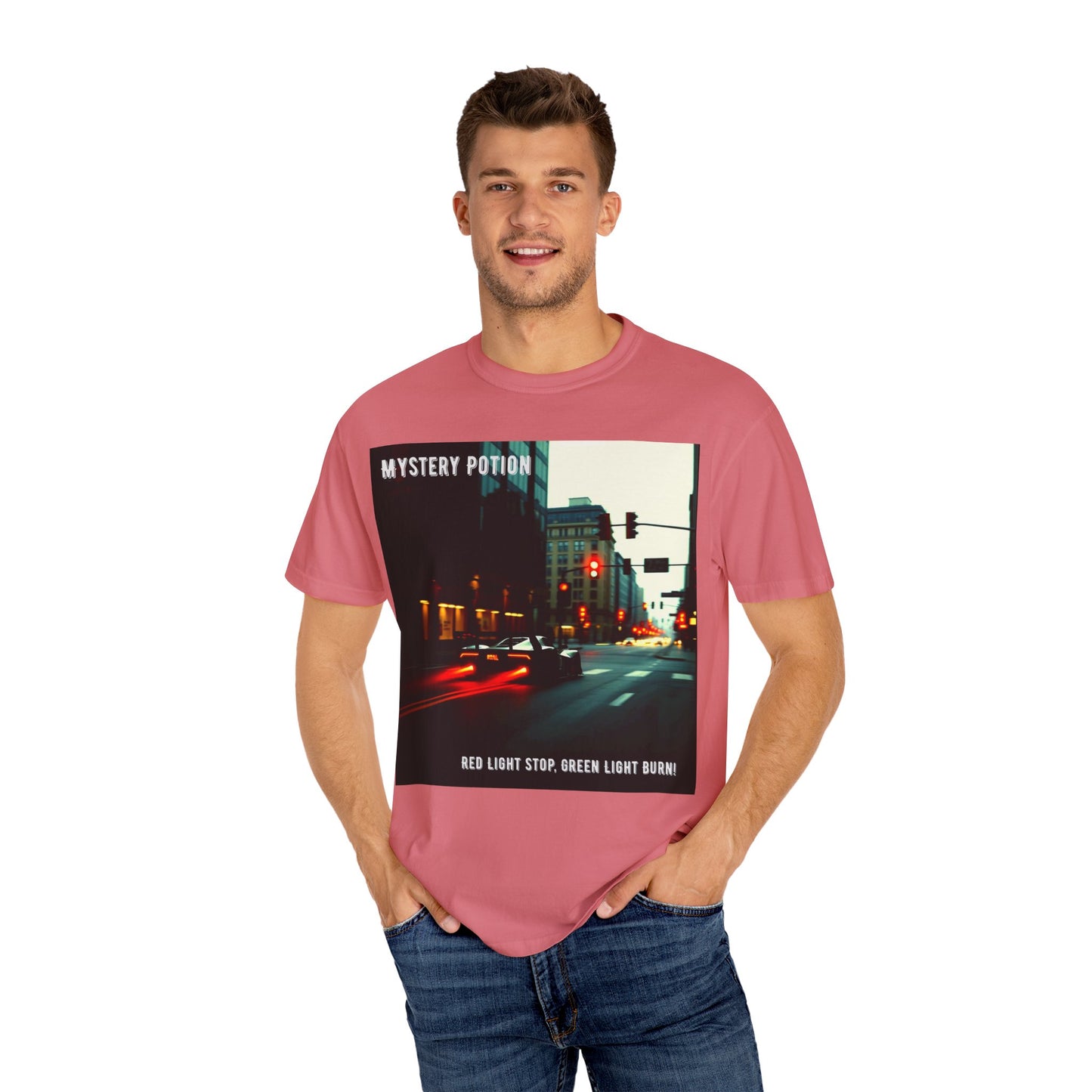 'Red Light Stop, Green Light Burn' by Mystery Potion Urban Vibe T-Shirt, Street Art T-Shirt, Fashion Tee, Gift for Art Lovers, Unisex Cotton Shirt, Unique Graphic Tee