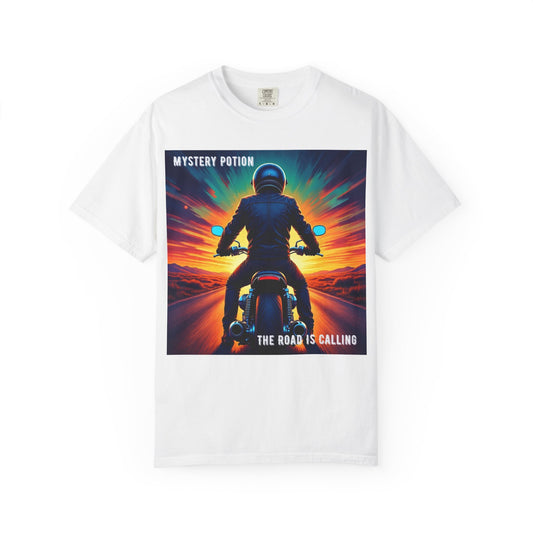 'The Road is Calling' by Mystery Potion Adventure T-Shirt, Motorcycle Gift, Road Trip Tee, Vintage Style Shirt, Unisex Graphic Tee, Outdoor Enthusiast Apparel