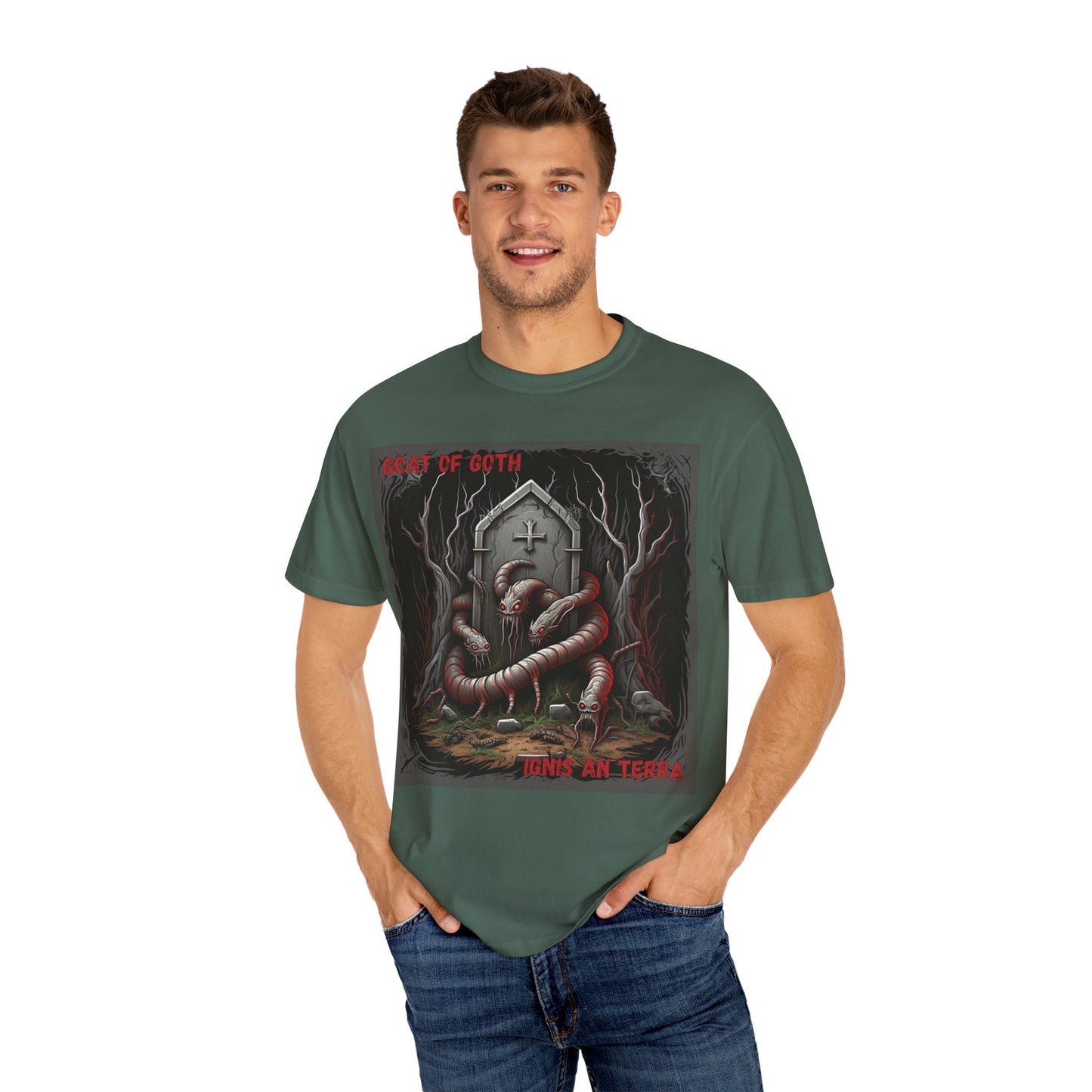'Ignis An Terra' by GOAT of Goth, Gothic Graphic T-Shirt, Dark Aesthetic Tee, Unisex Halloween Shirt, Unique Gift for Horror Lovers, Casual Everyday Wear