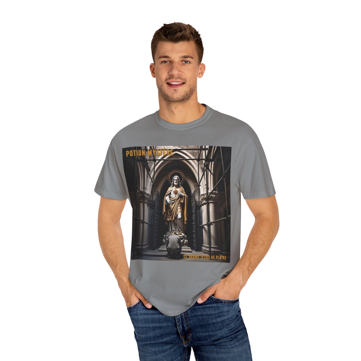 Mystical Potion Jesus Statue T-Shirt - Unisex, Relaxed Fit, Perfect for Festivals, Gifts, Everyday Wear, Unique Art Design