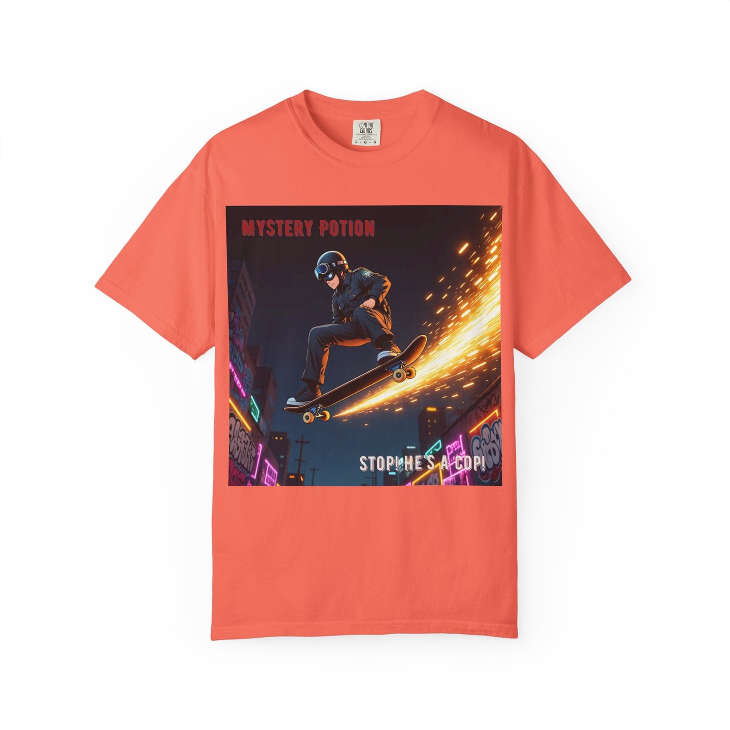 'Stop! He's A Cop!' by Mystery Potion, Skateboard Hardcore Punk T-shirt, Cozy Graphic Tee, Perfect Gift for Skaters, Unisex Streetwear Shirt, Trendy Casual Wear