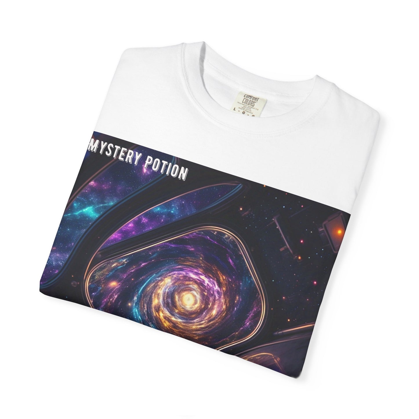 Cosmic Themed Mystery Potion Unisex Garment-Dyed T-shirt, Mystical Tee, Galaxy Shirt, Space Art Apparel, Unique Gift for Event Horizon Stargazers