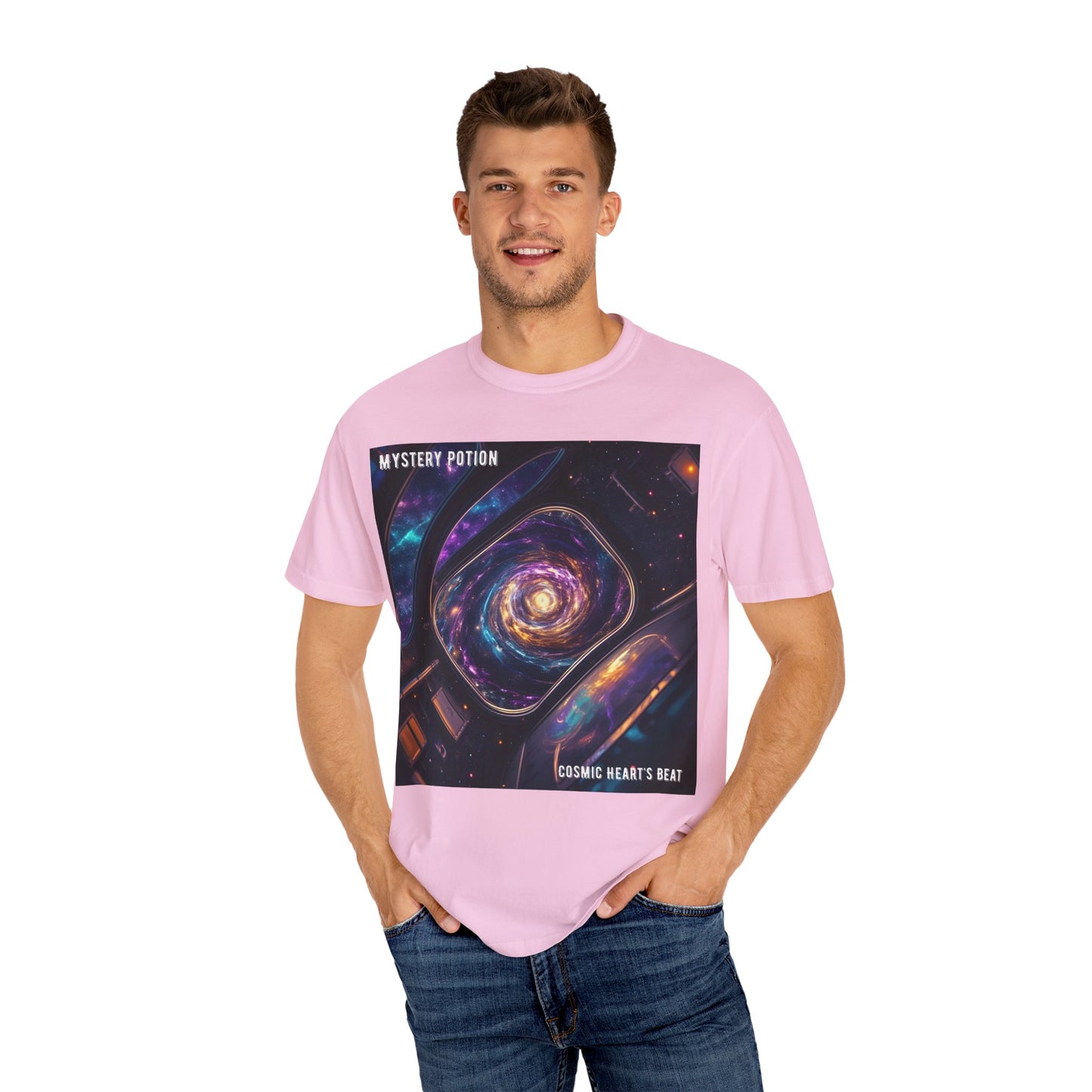 Cosmic Themed Mystery Potion Unisex Garment-Dyed T-shirt, Mystical Tee, Galaxy Shirt, Space Art Apparel, Unique Gift for Event Horizon Stargazers