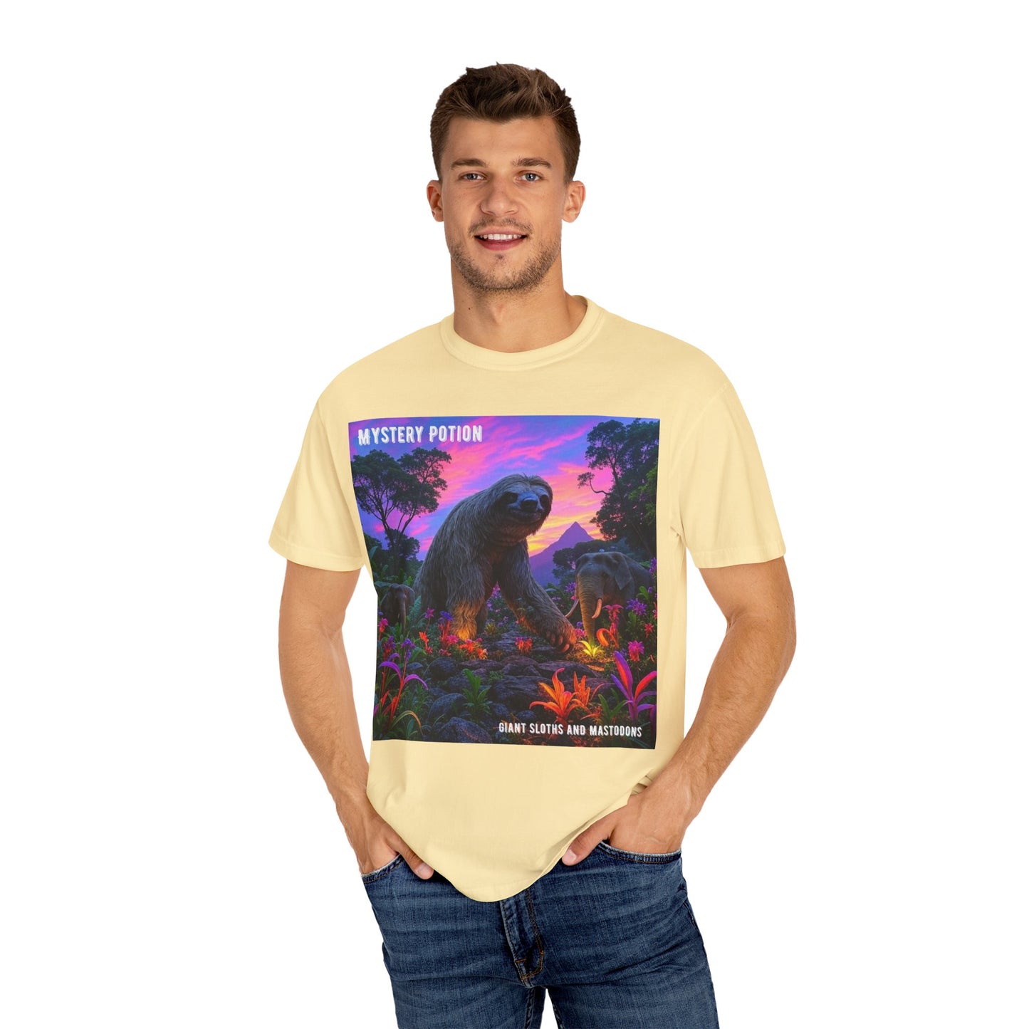 Mystery Potion's Giant Sloths and Mastodons Graphic T-Shirt | Unisex Garment-Dyed Tee for Nature Lovers, Unique Gift, Festival Wear, Prehistoric Design