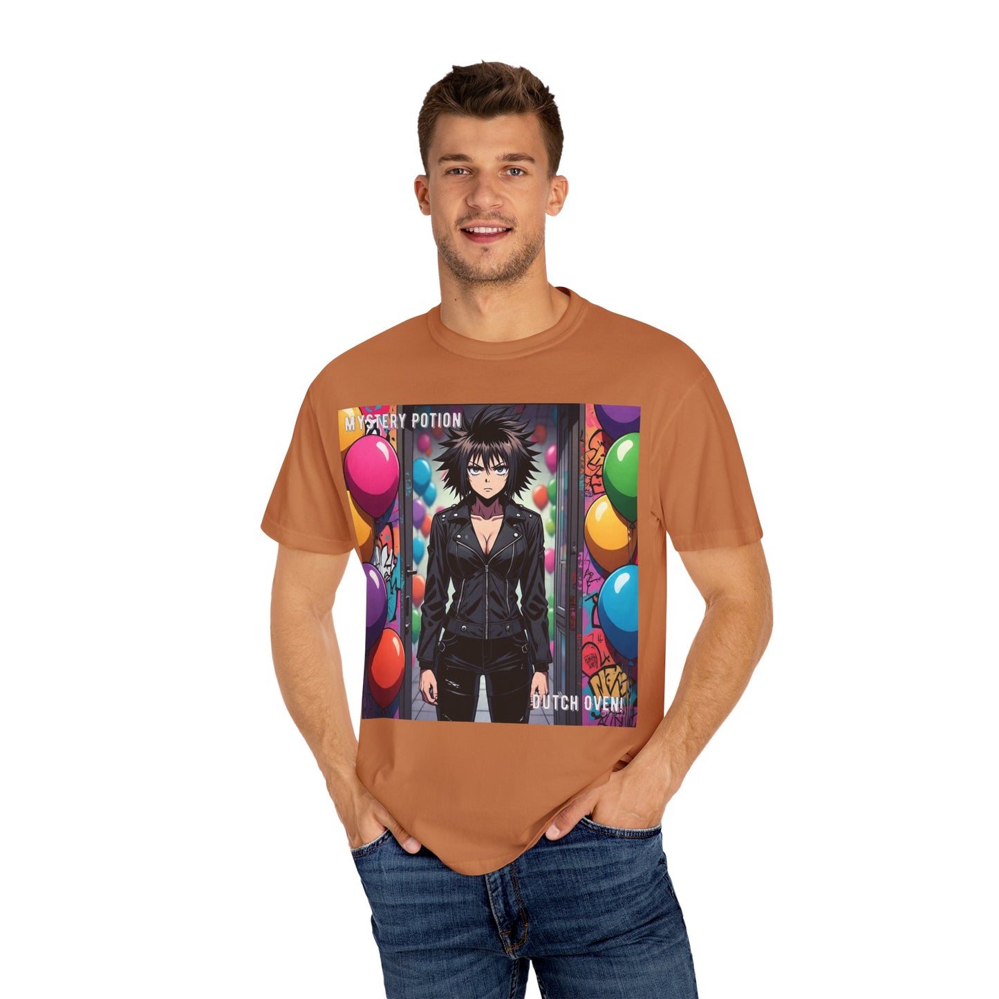 Mystery Potion's 'Dutch Oven', Whimsical Grabber Style Anime Graphic T-shirt featuring Bold Art, Anime Style Tee, Unisex Casual Wear, Gift for Friends, Trendy Statement Shirt