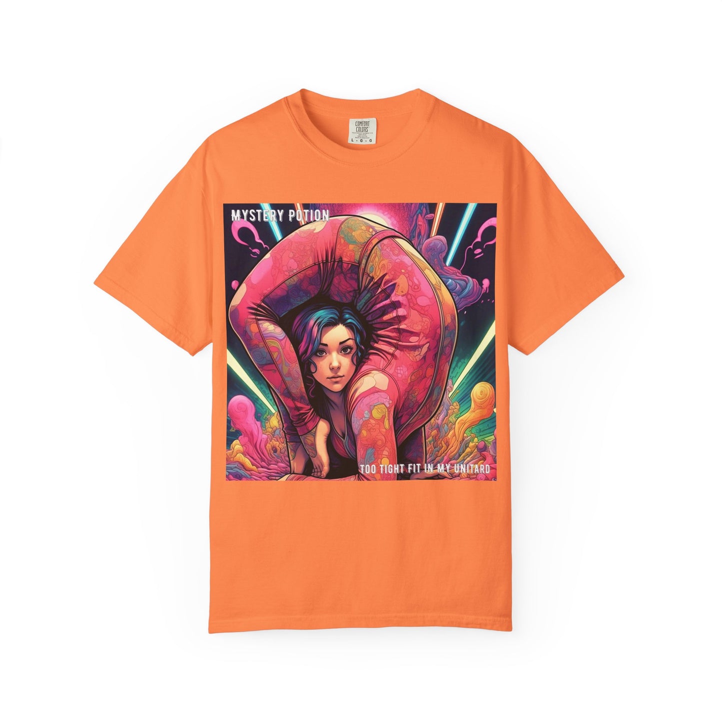 Mystery Potion Extreme Yoga Pose Unisex Garment-Dyed T-shirt, Artistic Tee, Vibrant Graphic Shirt, Unique Gift, Festival Wear, Comfortable Casual Top